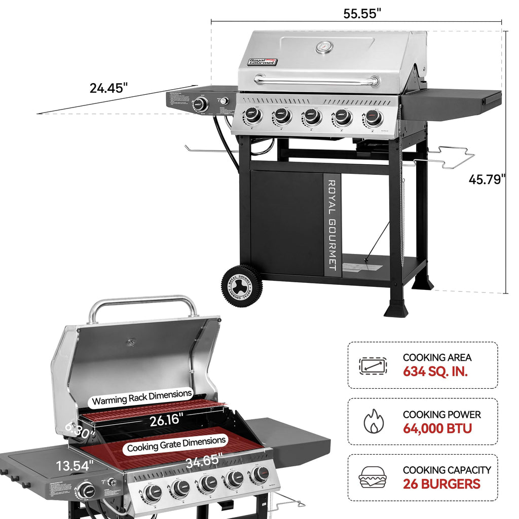 Royal Gourmet GA5406TS 5 Burner Propane Gas Grill with Side Burner and Sear Burner, Cart Style Gas BBQ Grill with Porcelain-Enameled Cast Iron Grates for Backyard Cooking, Silver & Black