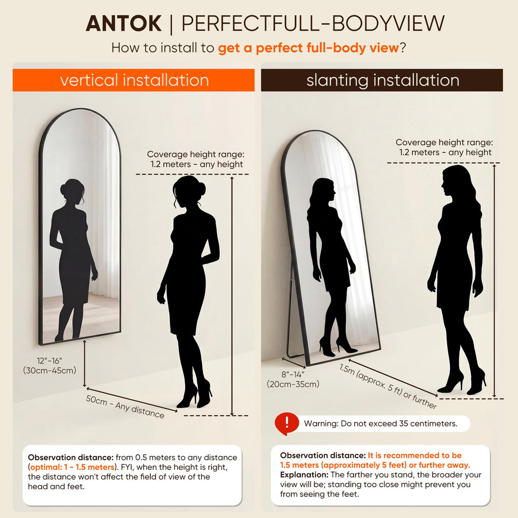 Antok 86" x46” Arched Full Length Floor Mirror, Black Aluminum Frame, Free Standing/Wall Mount/Leaning for Bedroom, Living Room, Dressing Room