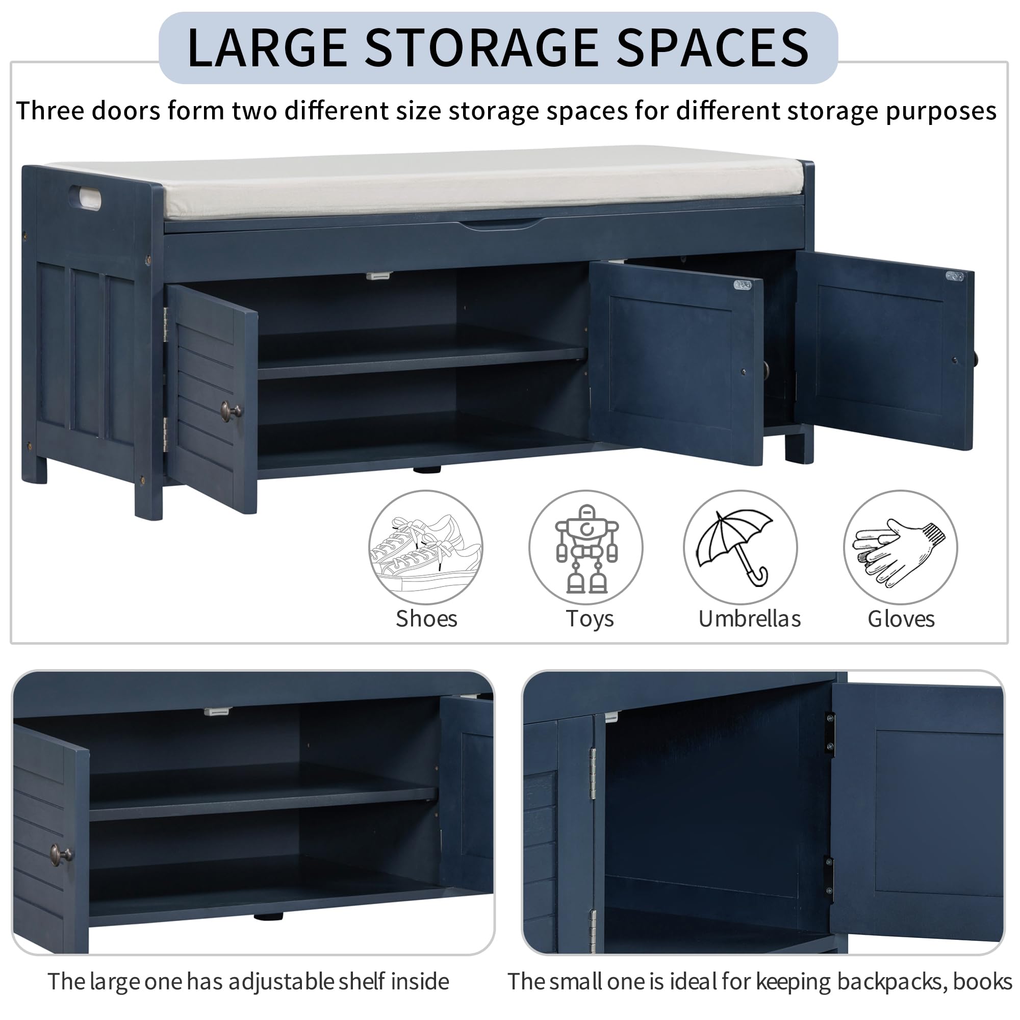 GDFStudio Jasd Storage Bench with 3 Shutter-Shaped Doors, Shoe Bench with Removable Cushion and Hidden Storage Space, Large Organizer Space, Wooden Foot Rest for Living Room Entryway, Antique Navy