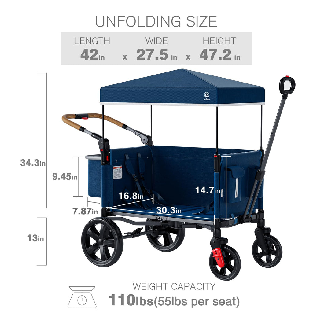 EVER ADVANCED Side-Unzip Wagon Stroller for 2 Kids, Push Pull Stroller with Adjustable Handle, Easy Access Zipper Door, 5-Point Harness Removable UV-Protection Canopy Shock-Absorbing Wheels, Blue