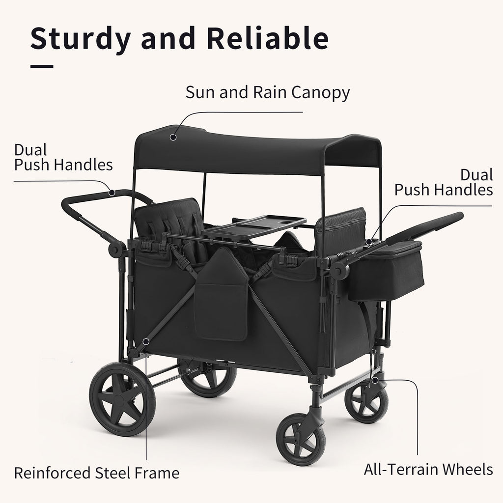 Stroller Wagon for 4 Kids, 4 Seater Wagon Stroller with Convertible Seats Footrests, Snack Tray, Storage Bag, Removable Canopy, Wagon Stroller 4 Seater with Double Push Handle (Black-Convertible)