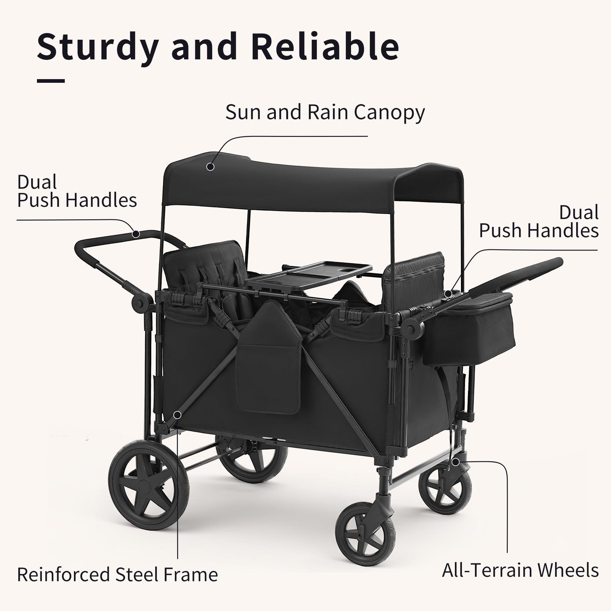 Stroller Wagon for 4 Kids, 4 Seater Wagon Stroller with Convertible Seats Footrests, Snack Tray, Storage Bag, Removable Canopy, Wagon Stroller 4 Seater with Double Push Handle (Black-Convertible)