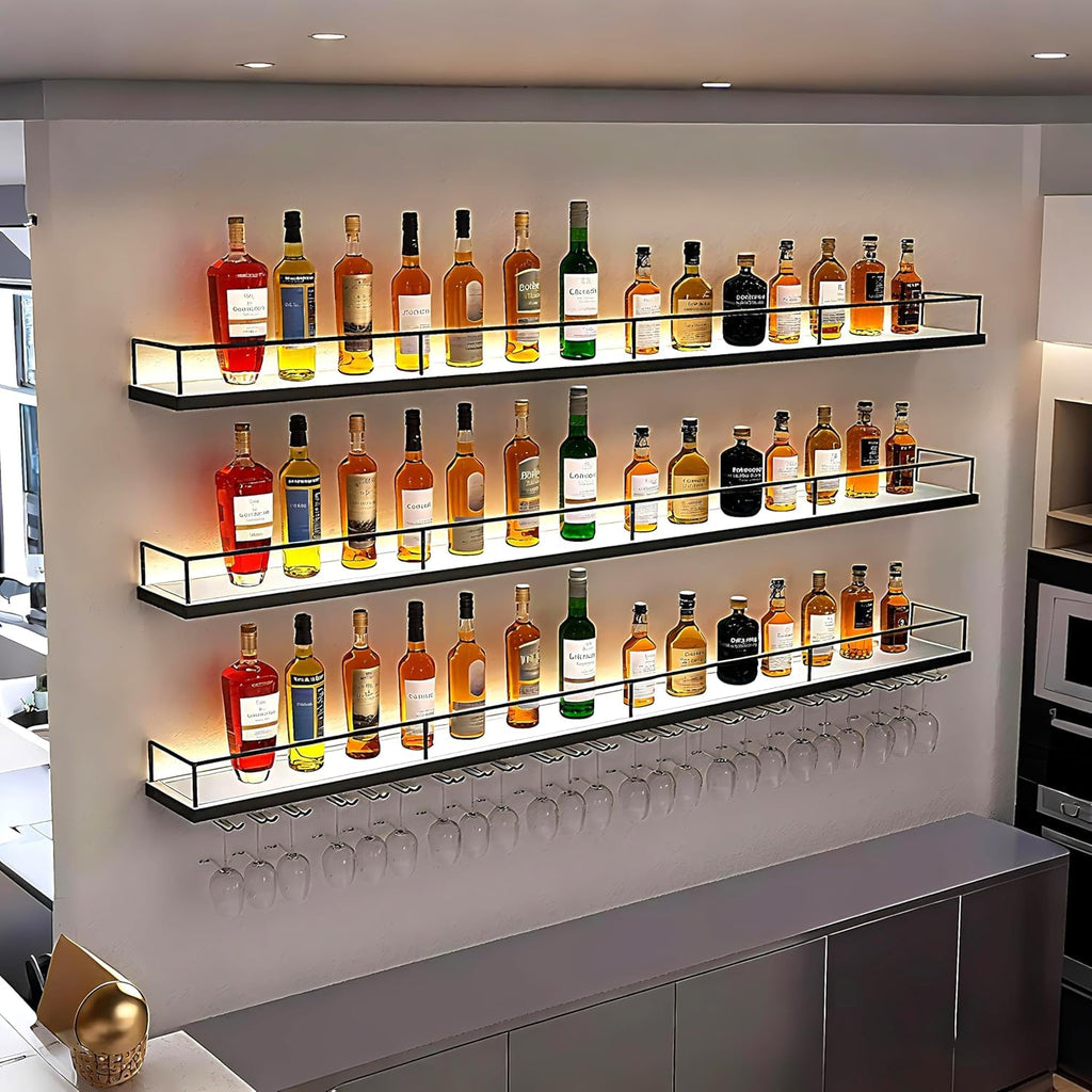 VITNSVILE Metal Wall Mounted Wine Rack with LED Light, 3 Tiers Liquor Bottles Floating Shelves with Glass Holder, Wine Shelf Industrial Bar Shelves for Home Bar Dining (Black, 180cm/71in)