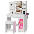 Ntufrest White LED Vanity Table with Three-Color Adjustable Light HD Mirror, USB Charging Port,Leather Stool, Double-Layer Acrylic Cabinet with Ambient Lighting,and Makeup Table with Drawer Storage