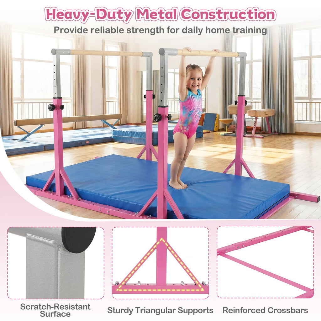 Goplus Double Horizontal Bars, Junior Gymnastic Parallel Bars with 13-Level 33"-57" Adjustable Heights & 6-Level Adjustable Width, 350 LBS Capacity for Indoor Outdoor Training (Pink)