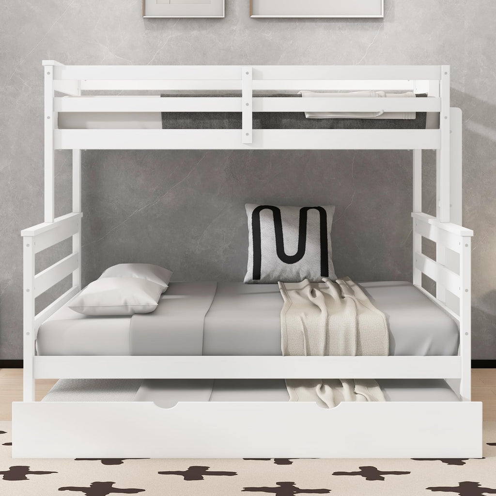 Merax Twin XL Over Queen Bunk Bed Wood Detachable Bunk Bed with Trundle & Ladder, Multifunction Bunk Bed with Full Length Gardrails, No Box Spring Needed,Space Saving,White