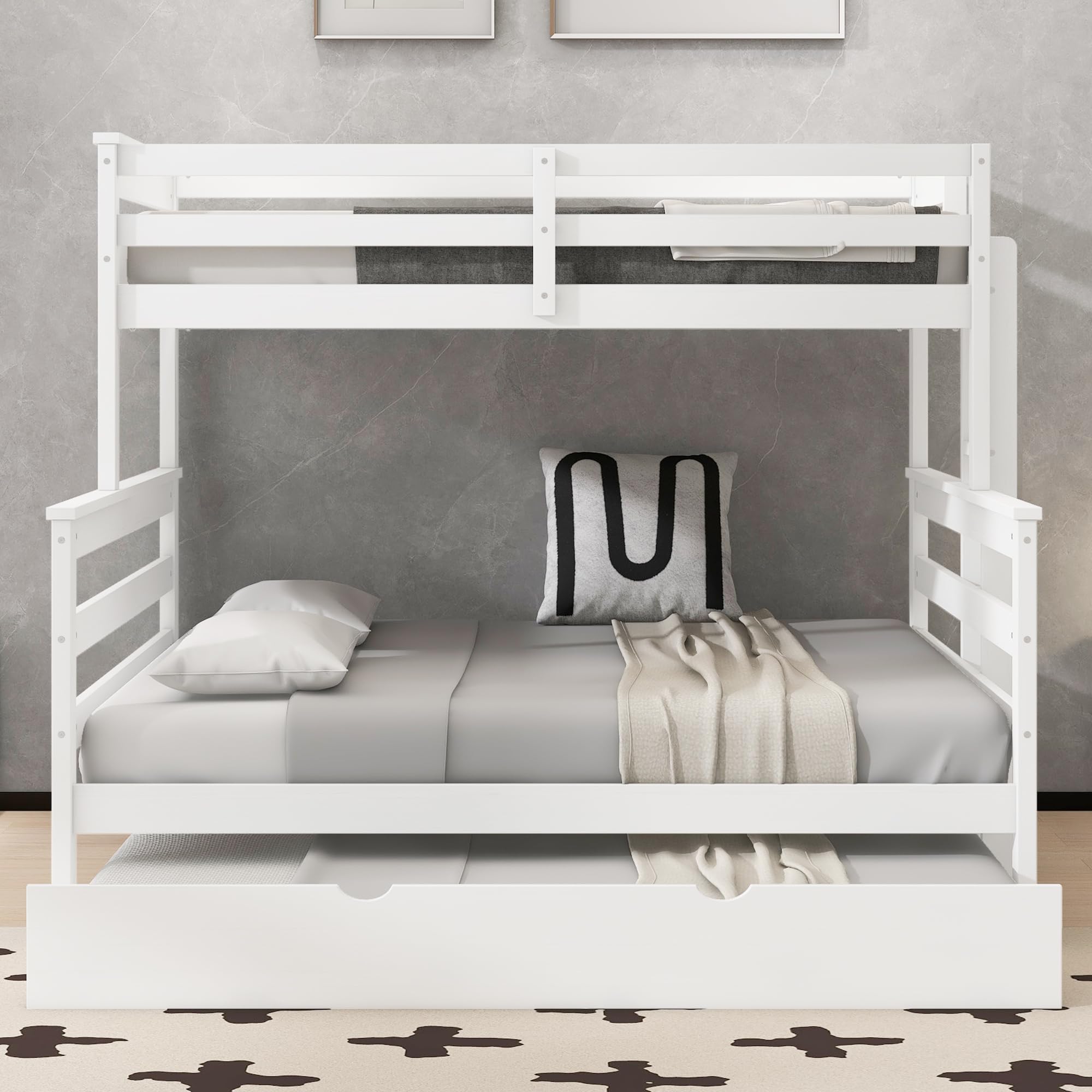 Merax Twin XL Over Queen Bunk Bed Wood Detachable Bunk Bed with Trundle & Ladder, Multifunction Bunk Bed with Full Length Gardrails, No Box Spring Needed,Space Saving,White