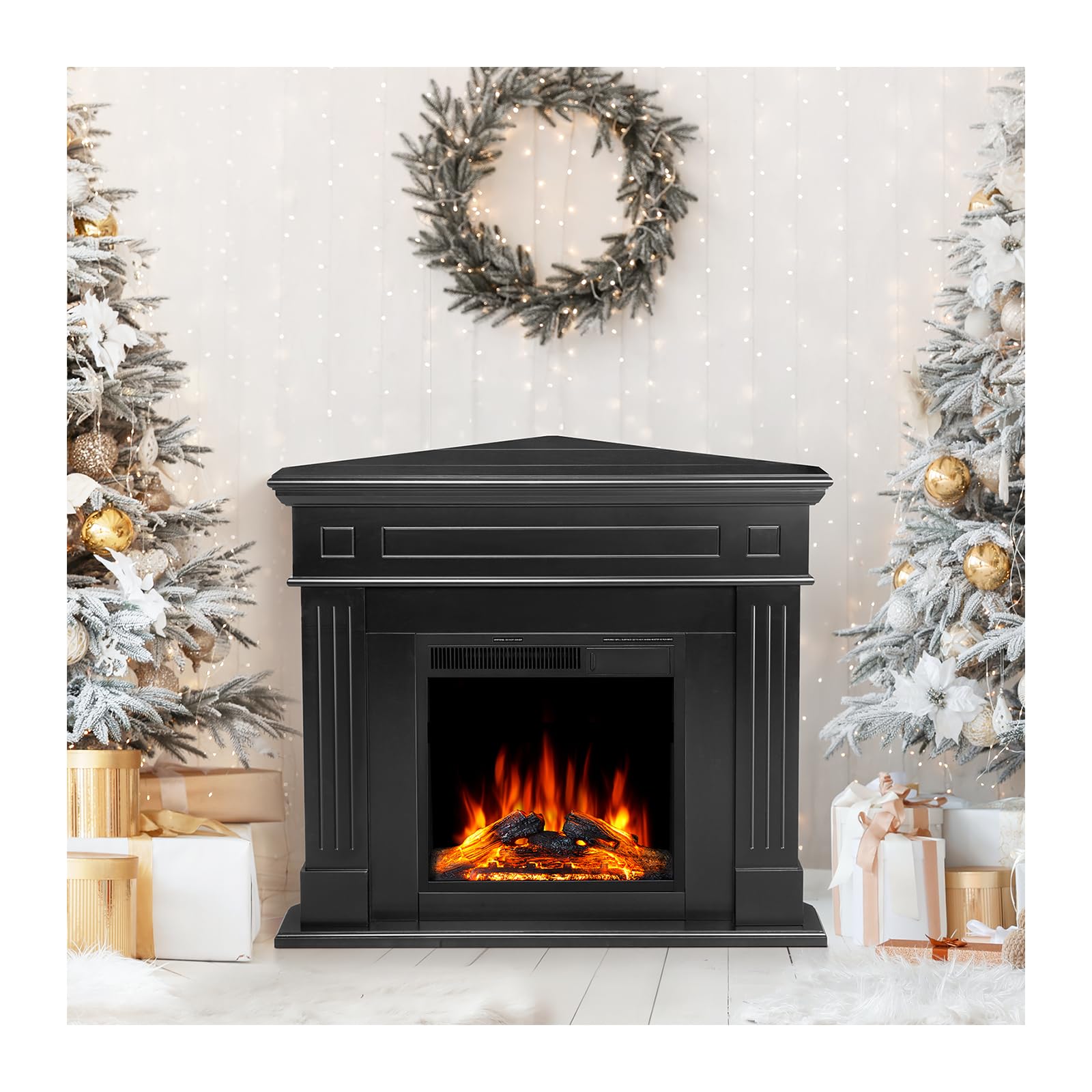 43.31 Inch Corner Fireplace TV Stand with Mantel - Electric Fireplace Heater, Wooden Entertainment Center, Adjustable LED Flame, Freestanding (750W/1500W),Corner Black