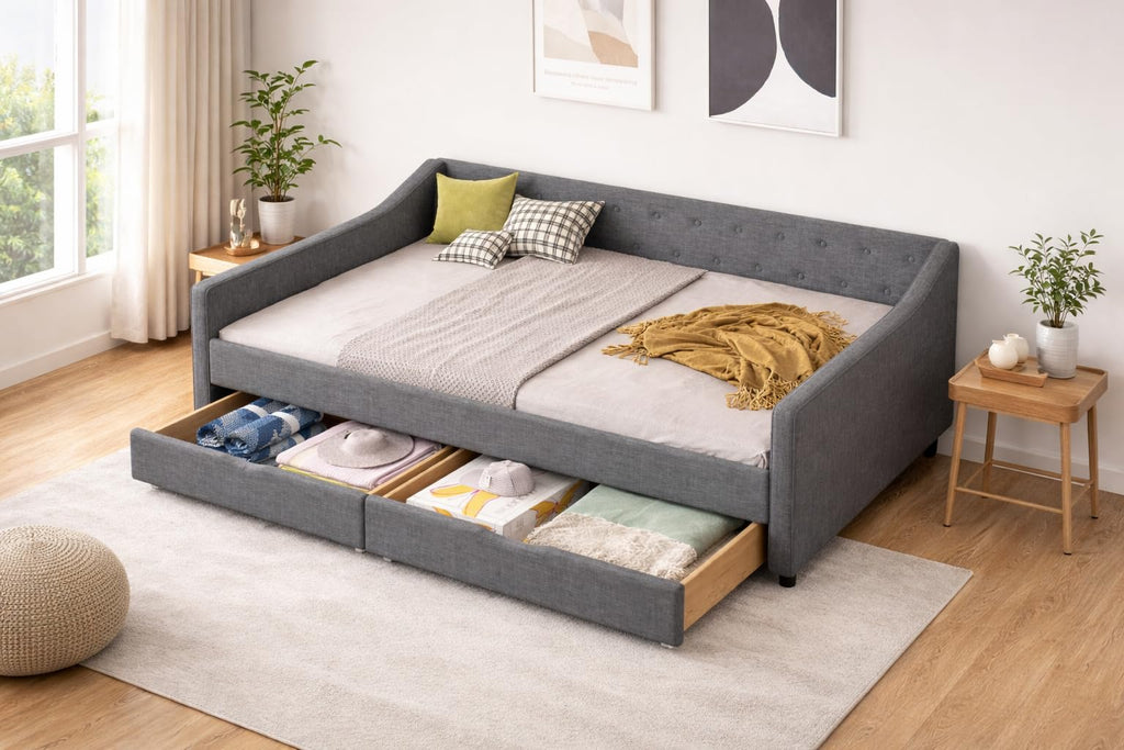 Ball & Cast Full Size Daybed with Two Storage Drawers,Linen Upholstered Day Bed Frame with Button Tufted and Waved Shape Arms, Wood Slat Support,No Box Spring Needed,Dark Grey