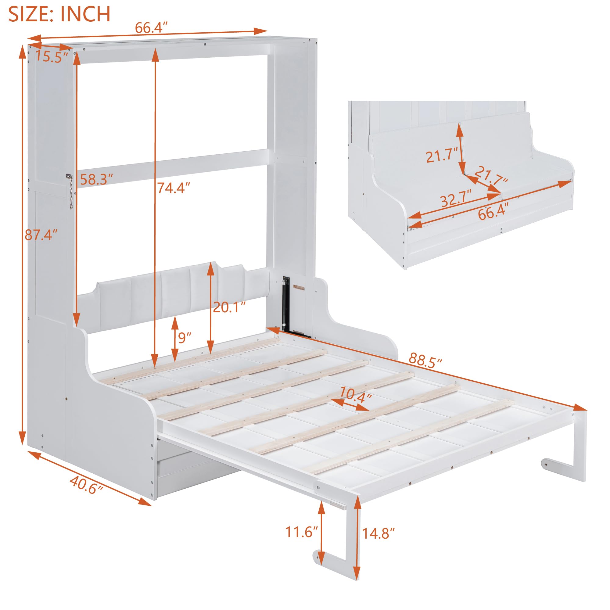 Merax Queen Size Murphy Bed Frame, Modern Wall Bed Can Be Folded into Cabinet, Chair with Cushion, White