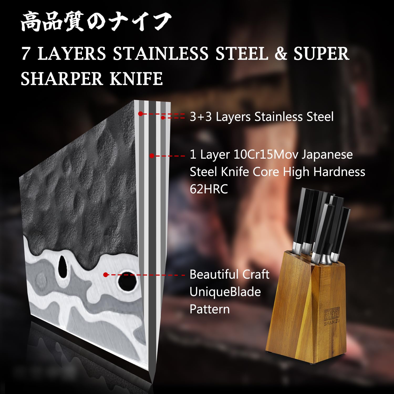 SHAN ZU 7-Piece Japanese Knife Set - 7 Layers 10Cr15MoV High Carbon Steel Kitchen Knifes Set with Block and Sharpener,Ultra-Sharp Chef Knife Set with G10 Handle