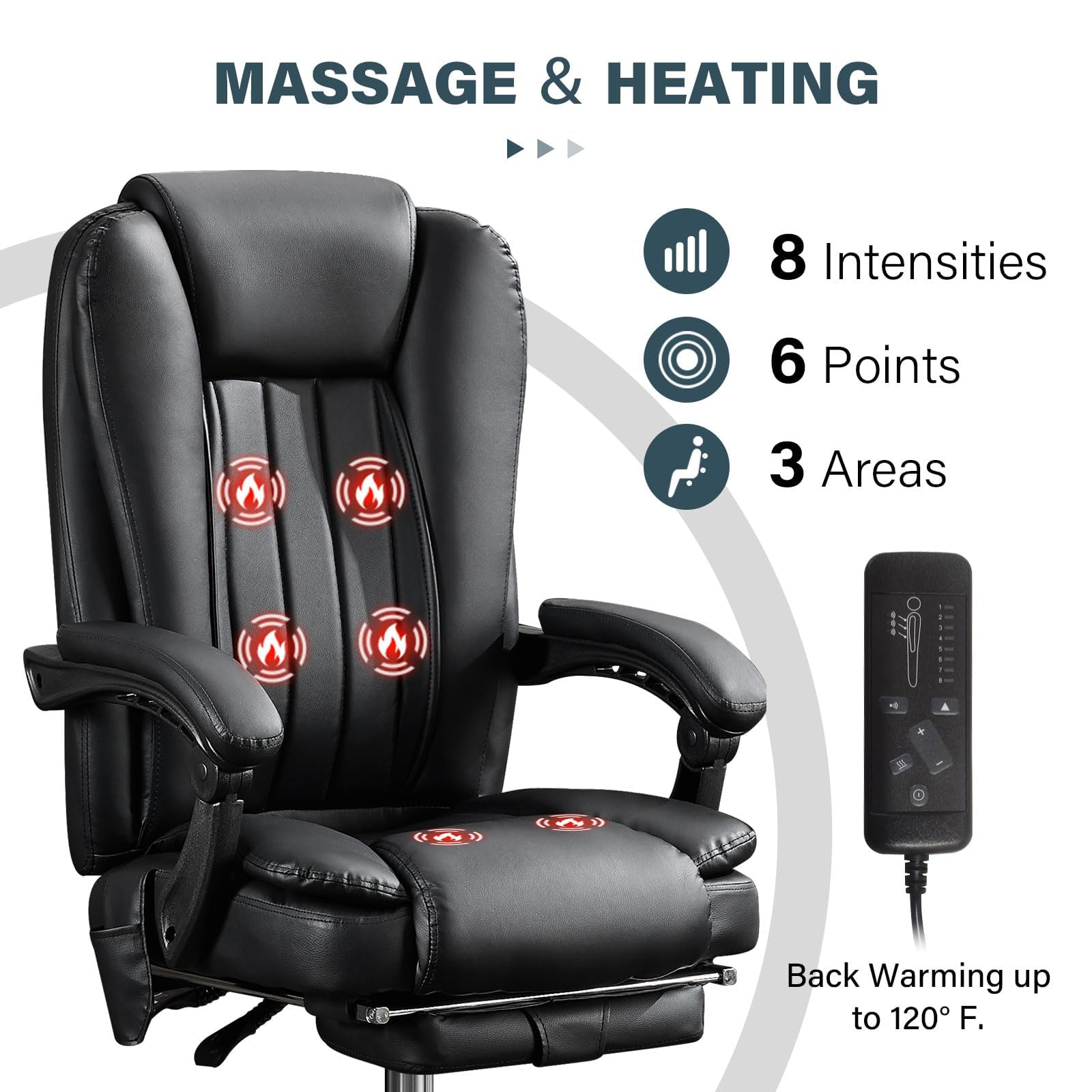 Thctvous Luxury Leather Executive Office Chair with Foot Rest, Reclining Massage Office Chair with Heat/Adjustable Backrest/Rolling Wheels/Soft Cushion, Heavy Duty, 400 Lbs Capacity (Leather, Black)