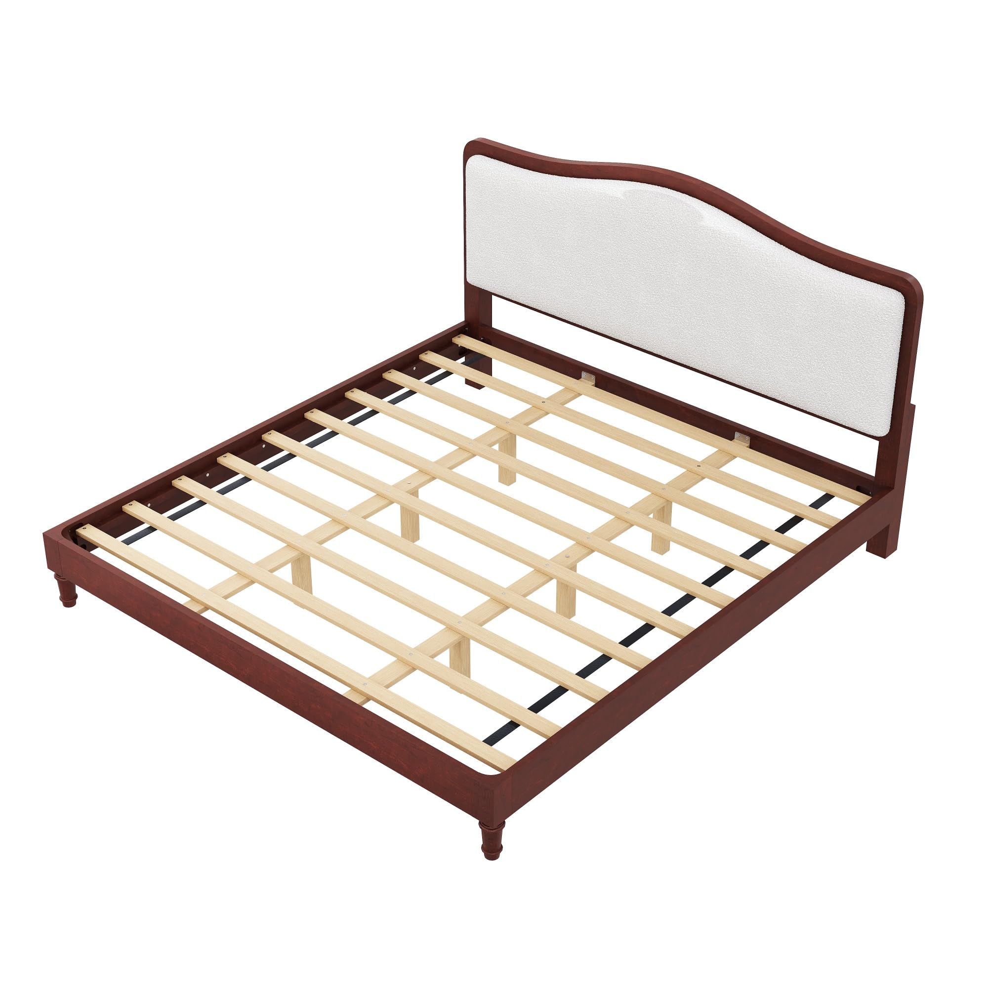 Merax King Size Upholstered Platform Bed Frame with Curved Headboard, Espresso Wood Frame & White Fabric, Noise-Free, Strong Slat Support, No Box Spring Needed, Easy Assembly