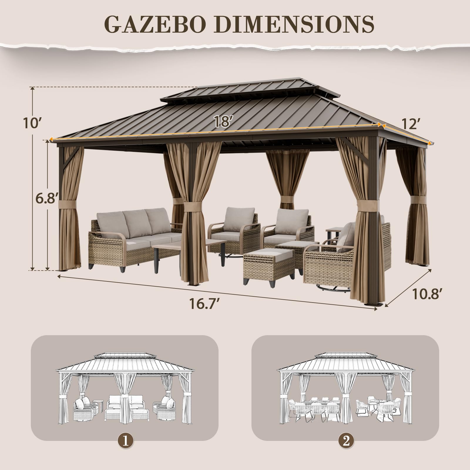 EAGLE PEAK 12x18 Hardtop Gazebo, Galvanized Steel Double Roof with Aluminum Frame, Outdoor Pavilion with Netting and Curtains for Patio, Deck, Lawn and Garden, Dark Brown/Tan