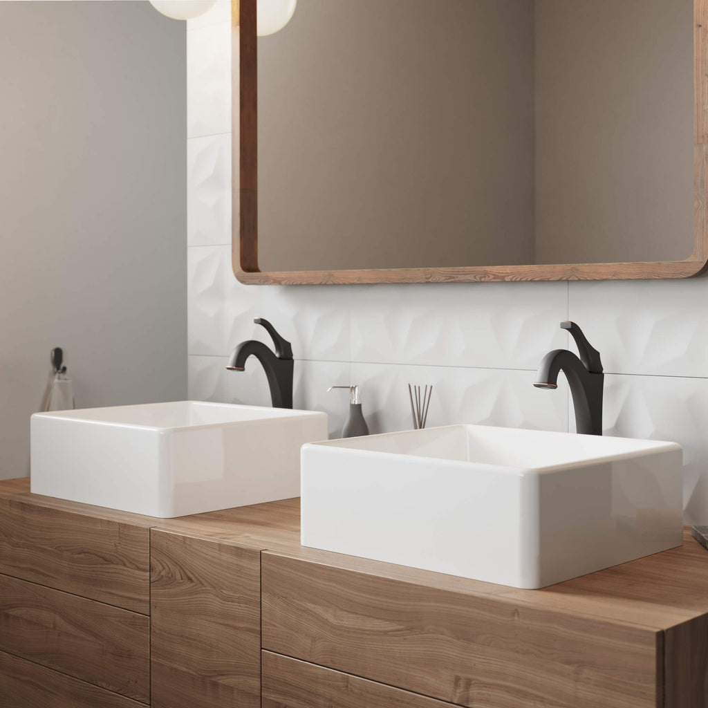 KRAUS Elavo 15-inch Square White Porcelain Ceramic Bathroom Vessel Sink and Arlo Faucet Combo Set with Pop-Up Drain, Oil Rubbed Bronze C-KCV-120-1200ORB
