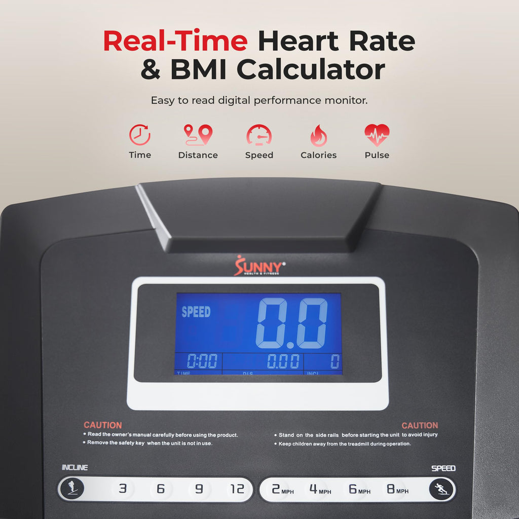 Sunny Health & Fitness Premium Smart Treadmill with Auto Incline, Dedicated Speed Buttons, Double Deck Technology, Digital Performance Display, BMI Calculator and Pulse Sensors - SF-T7515SMART