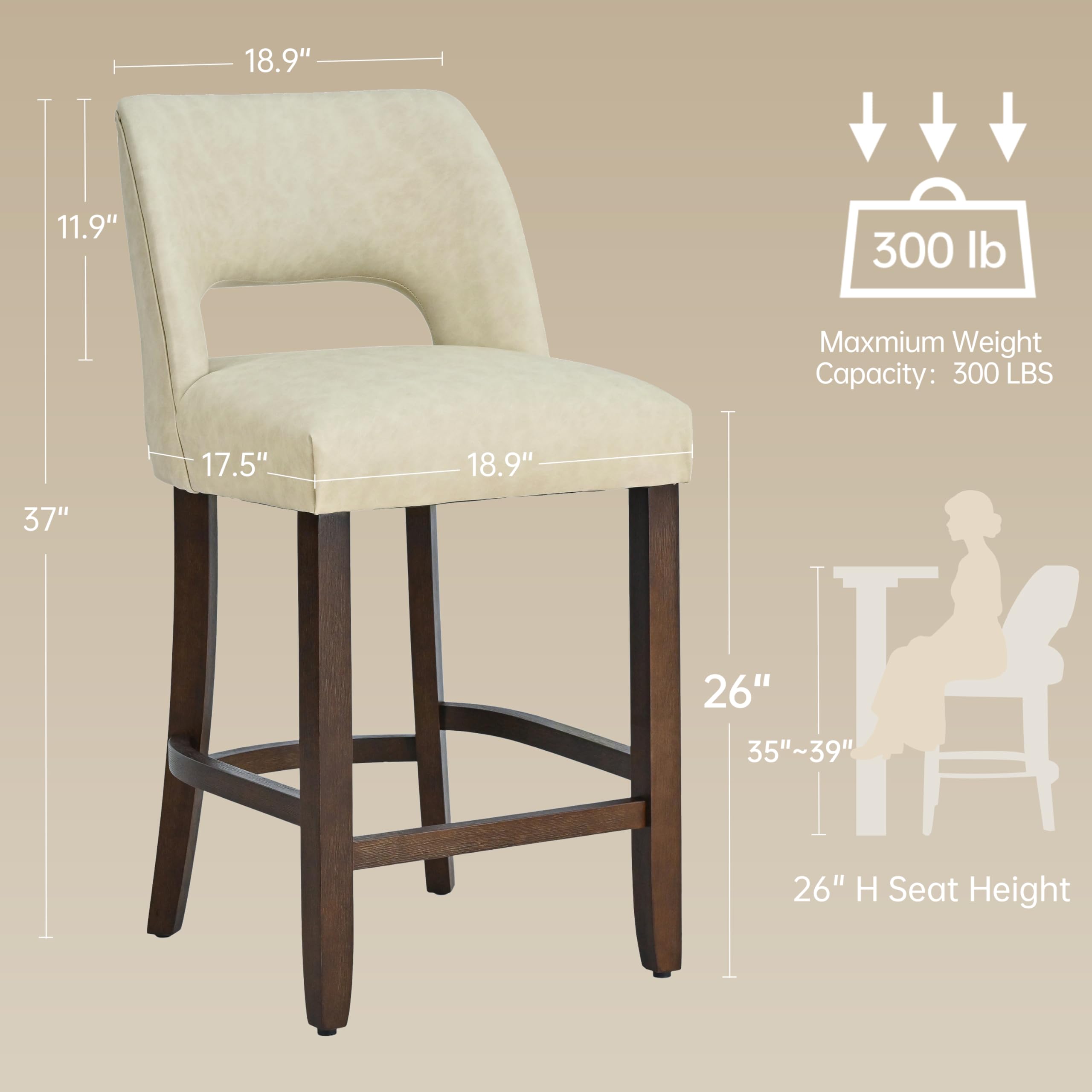 VKNOW 26" Bar Stools Set of 4, Faux Leather Counter Height Bar Stools with Backrest and Rubberwood Legs, Upholstered Barstools for Kitchen Island, Bar and Dining Room, Beige