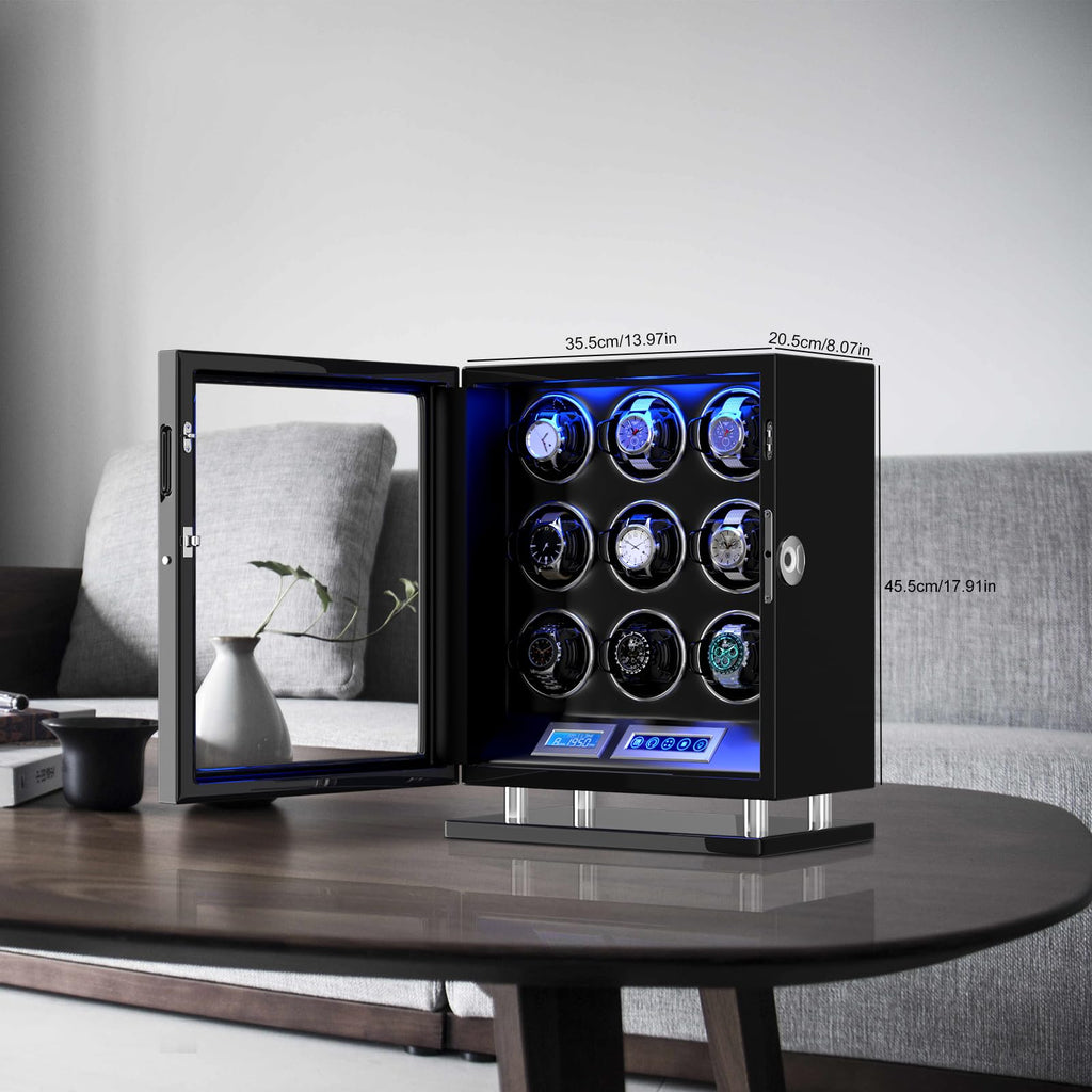 DUKWIN Watch Winder for 9 Automatic Watches, Fingerprint Lock Watch Winders with LCD Touchscreen, Blue LED Light, Remote Control,Adjustable Pillow and Quiet Motor for Universal Watches, 5TPD
