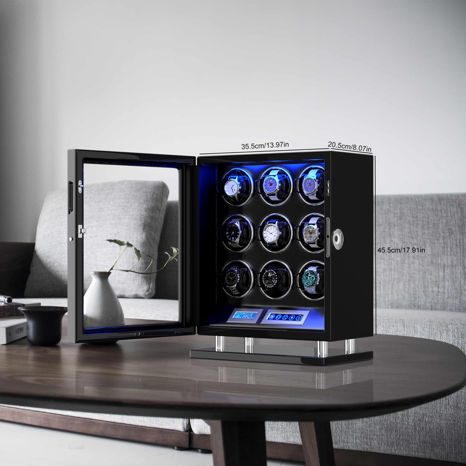 DUKWIN Watch Winder for 9 Automatic Watches, Fingerprint Lock Watch Winders with LCD Touchscreen, Blue LED Light, Remote Control,Adjustable Pillow and Quiet Motor for Universal Watches, 5TPD