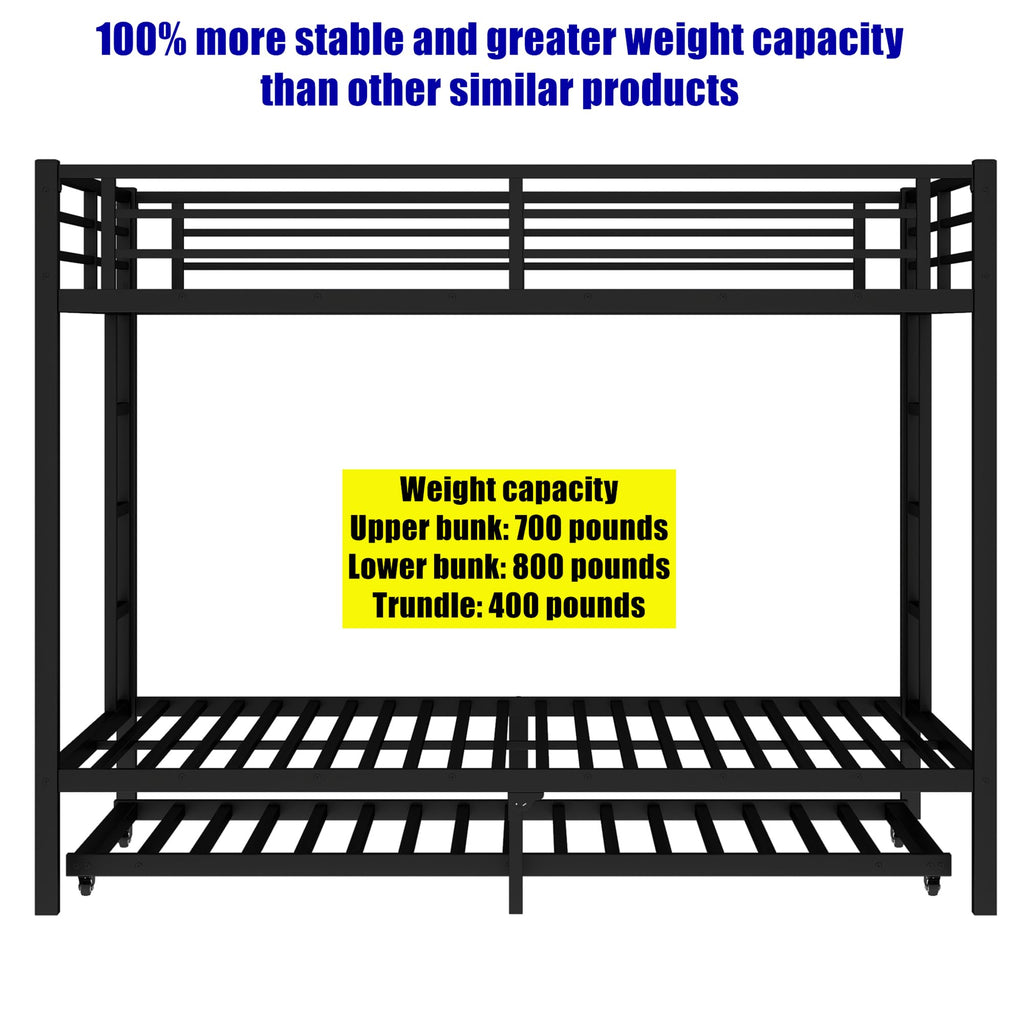 LEEKAF Stronger & Safer Heavy Duty Metal Queen Over Queen Size Bunk Bed for Adults Teens, Thickened More Stable Steel Bunkbed (Greater Weight Capacity) (Queen Over Queen with Trundle)