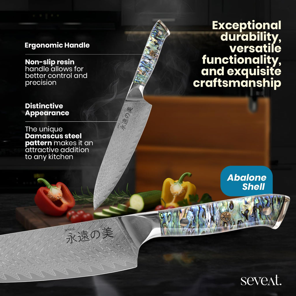 Seveat Damascus Kitchen Knife Set | 67-Layer Damascus Steel | Professional Chef Knives Set | Ergonomic Blue Shell Handle | Acacia Wood Magnetic Holder Included (Blue-3, 5-Piece Set)