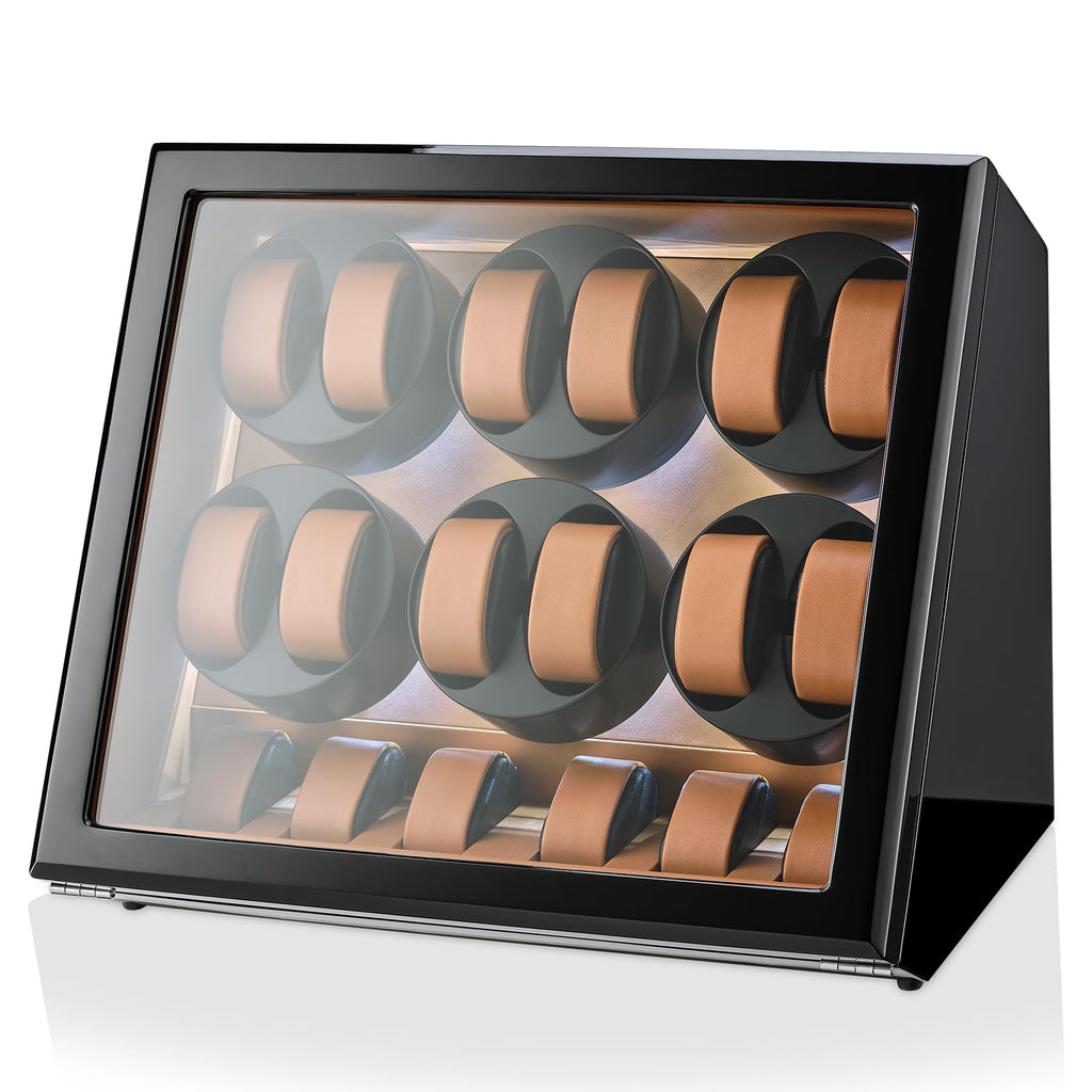 TIMECUBE 12 Watch Winder with 6 Storage Slots Watch Pad (Black+Brown)