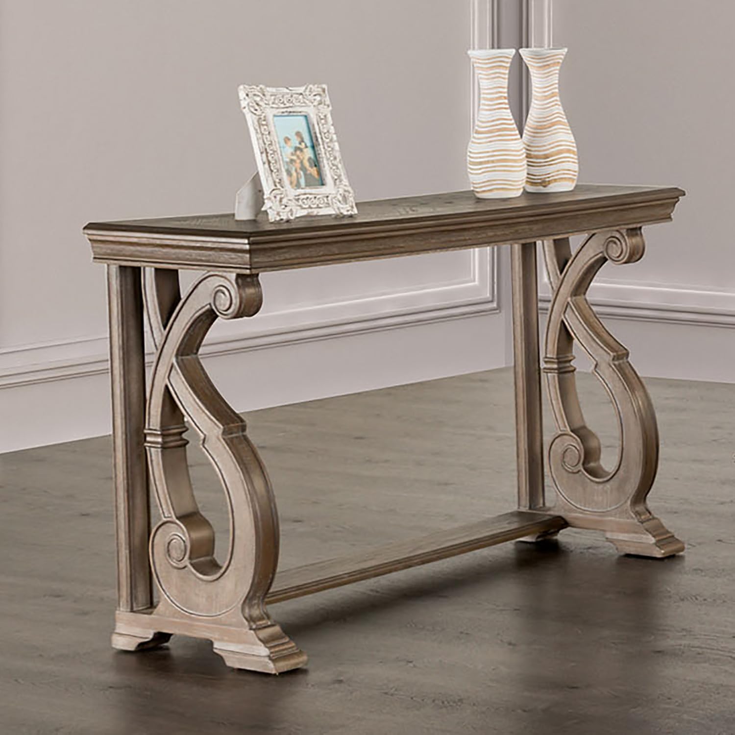 Furniture of America Jinst Solid Wood 50-inch Rectangle Console Table with Ornate Details and Scroll Legs for Small Space, Living Room, Hallway, Weathered Oak