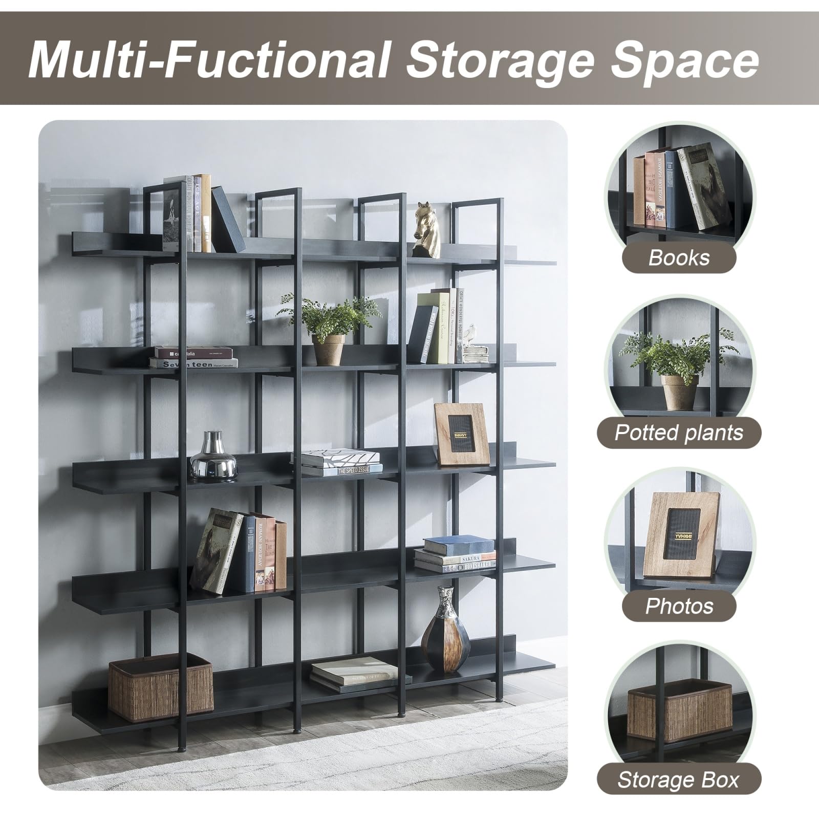 KCSWKJ 5 Tier Bookcase Home Office Open Bookshelf, Vintage Industrial Style Shelf with Metal Frame, MDF Board