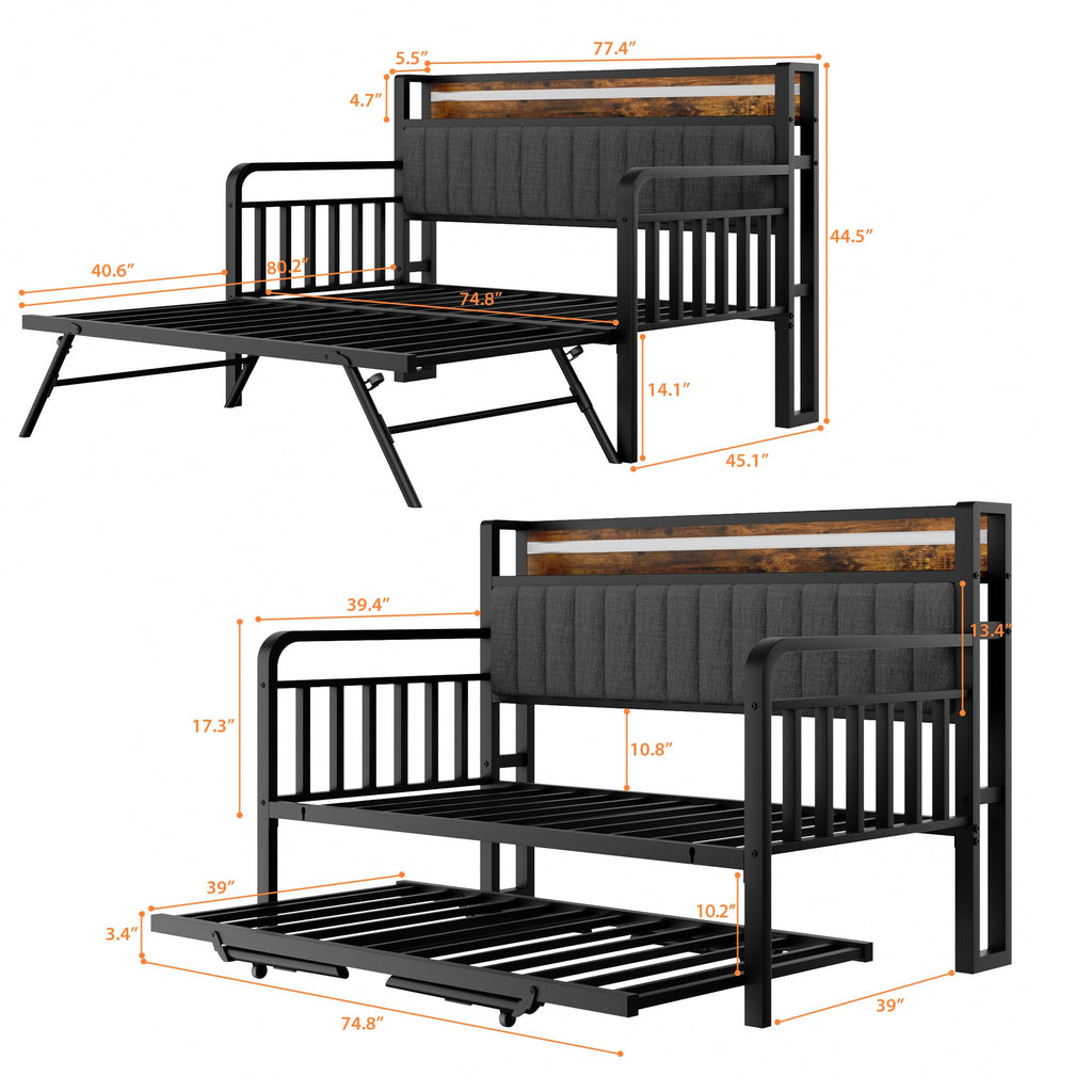 Daybed with Trundle and LED Light, Heavy Duty Metal Twin Bed Frame with Upholstered Storage Headboard & Charging Station, Day Bed Pop Up Trundle Bed Twin for Living Room,Bedroom and Guest Room, Brown