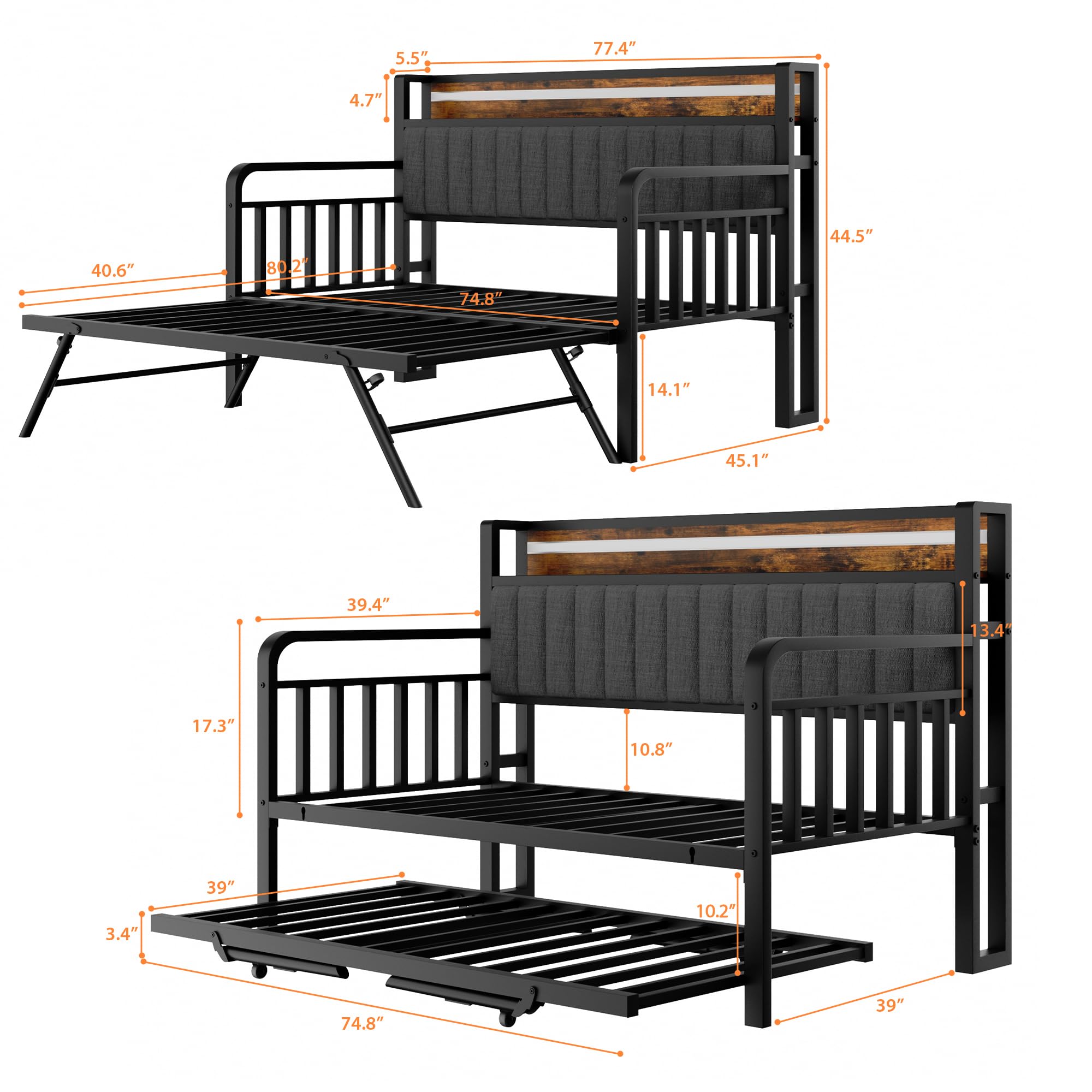 Daybed with Trundle and LED Light, Heavy Duty Metal Twin Bed Frame with Upholstered Storage Headboard & Charging Station, Day Bed Pop Up Trundle Bed Twin for Living Room,Bedroom and Guest Room, Brown