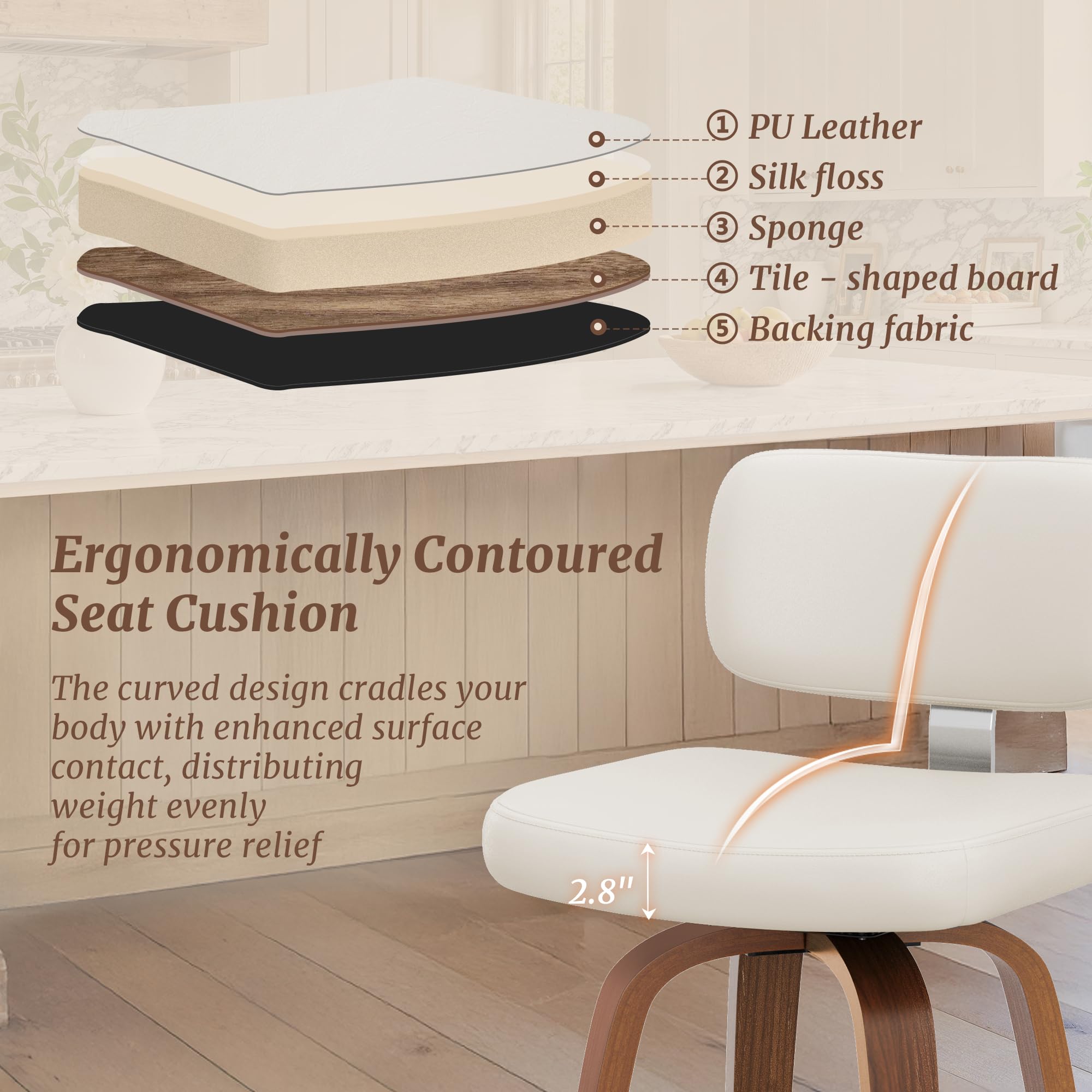 Cozyman Swivel Counter Height Bar Stools Set of 4, 26" Upholstered Seat Barstools with Back Walnut Wood Legs, Mid-Century PU Leather Bar Stools with Footrest for Island/Kitchen/Counter/Bar, White