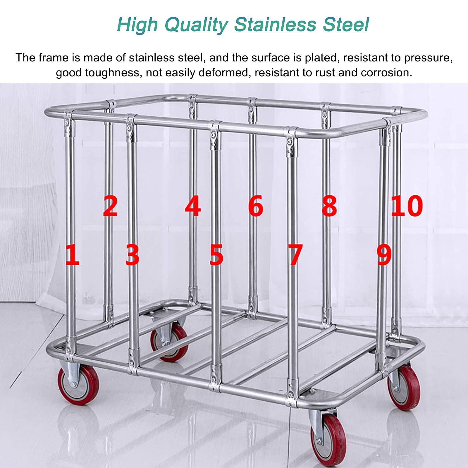 WANGKENSU Commercial Heavy Duty Large Laundry Hamper Sorter Cart with 6 Cloth Bag & 5 Inch Wheels, Stainless Steel & Oxford Cloth, Max Load 150kg (Blue) (Beige)