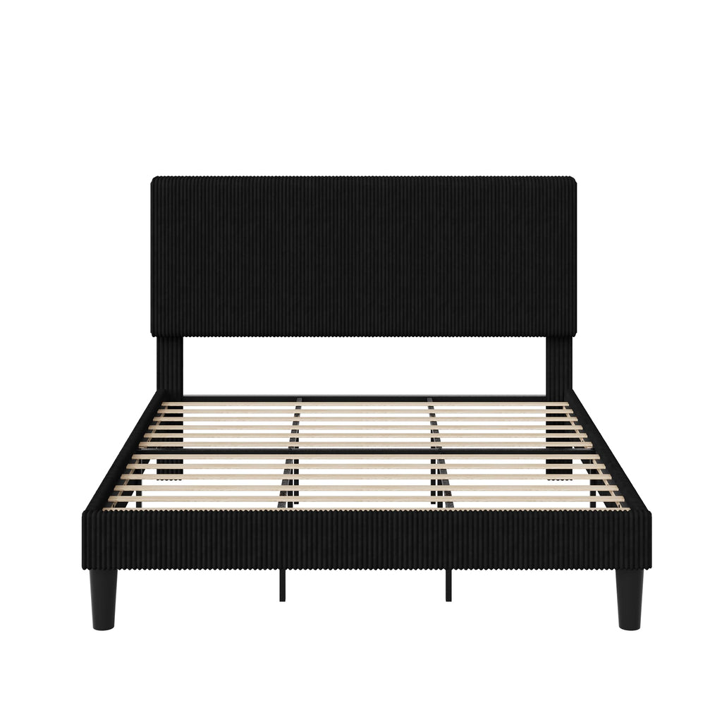 Allewie King Size Upholstered Bed Frame with Vertical Channel Tufted Headboard, Soft Corduroy Fabric Platform Bed, Strong Wooden Slats Support, Easy Assembly, No Box Spring Needed, Black
