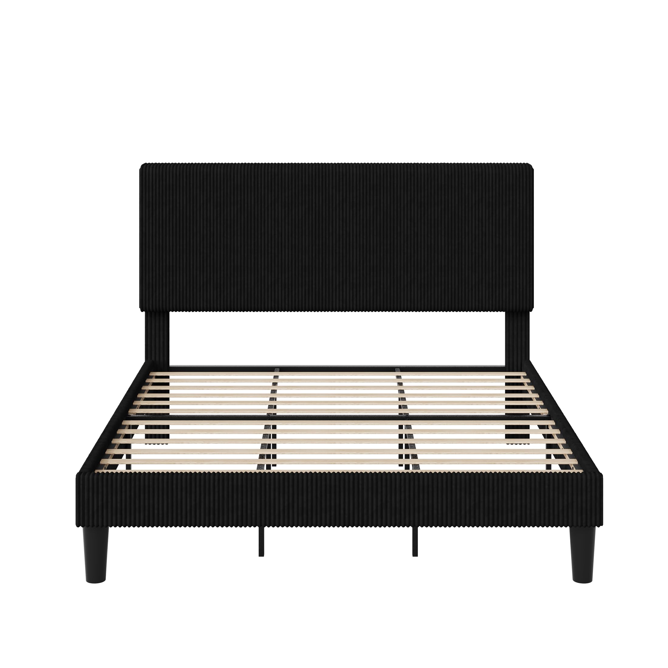 Allewie King Size Upholstered Bed Frame with Vertical Channel Tufted Headboard, Soft Corduroy Fabric Platform Bed, Strong Wooden Slats Support, Easy Assembly, No Box Spring Needed, Black