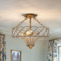 Yezgge 15.7" Vintage Semi Flush Mount Ceiling Light,Antique Gold Crystal Basket Chandelier,3-Light Rustic Metal Ceiling Light Fixture for Dining Room,Kitchen,Bedroom,Foyer,Hallway
