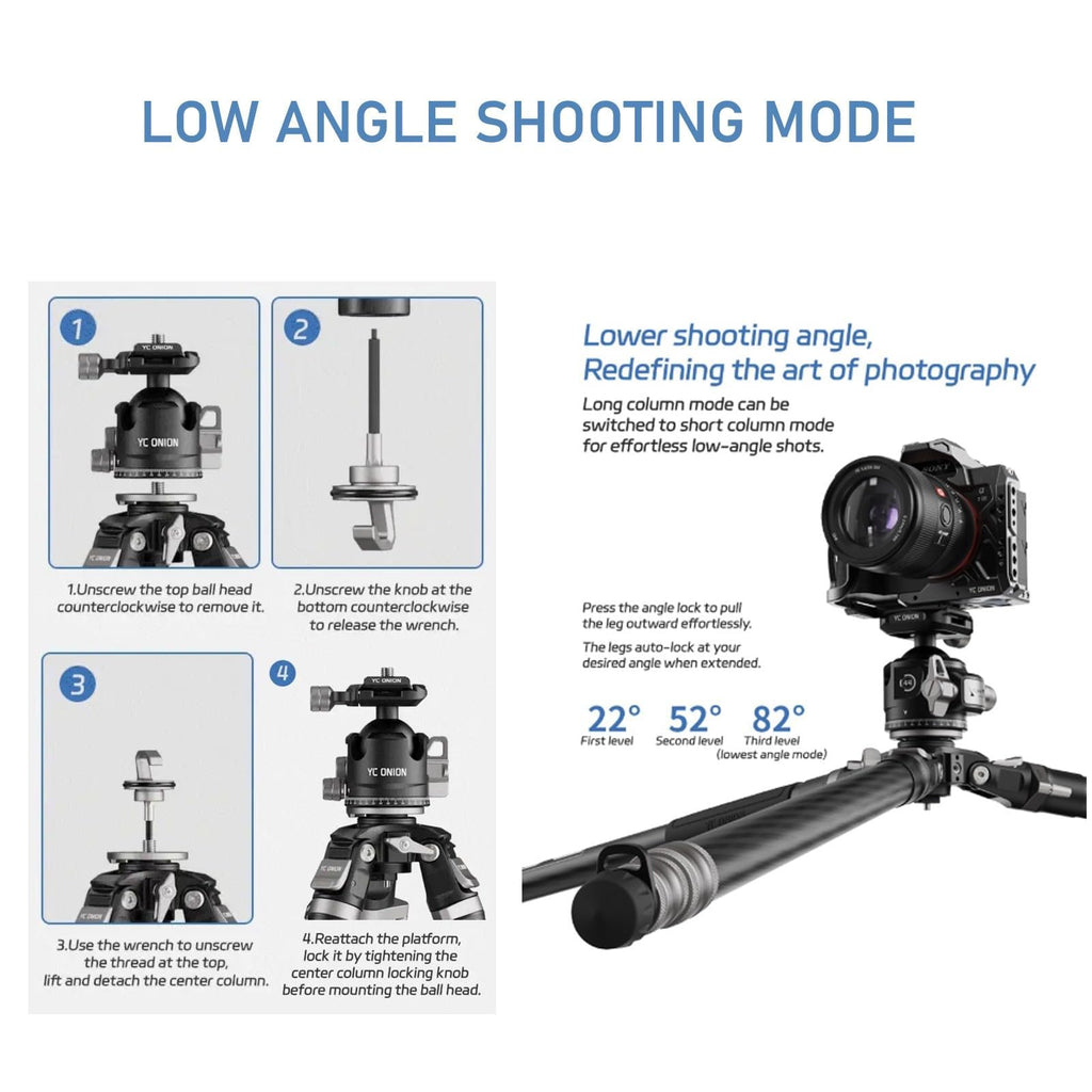 YC Onion Tako T23 Carbon Fiber Tripod with BC44 Ball Head I 10kg Load I One-Flip Quick Release I 1825mm Max Height I Dust-Proof Joints for Low-Angle/Macro Photography