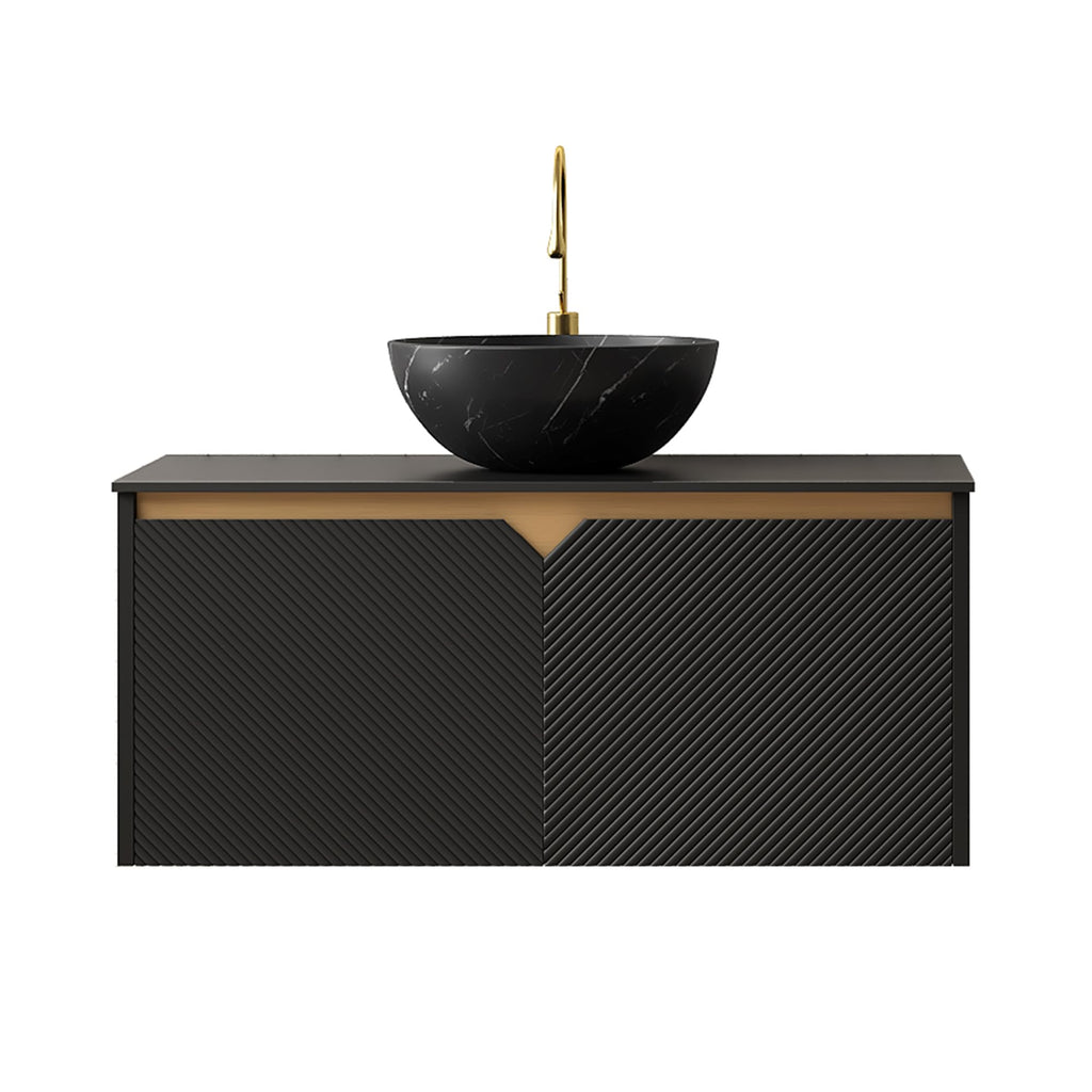 36" Floating Bathroom Vanity with Vessel Sink, RUBEN Wall Mounted Plywood Cabinet, Sintered Stone Countertop, Twill Double Doors with Metal Trim, Modern Storage Unit, Bowl Black Stone Ceramic Basin