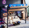 Bellemave Queen Size Loft Bed with Ladder and Storage Shelves and Storage Shelves and Pegboard, Metal Loft Bed Frame with USB Ports and LED Lights for Adults, Kids, Teens, Black