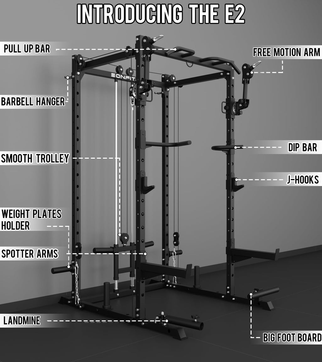 Eonfit E2 Power Cage - Multi-Functional Power Rack for Home Gym. 1500lb Squat Rack for Home Gym. Pulley System for Cable Crossover & LAT Pulldown (Black, PRO)