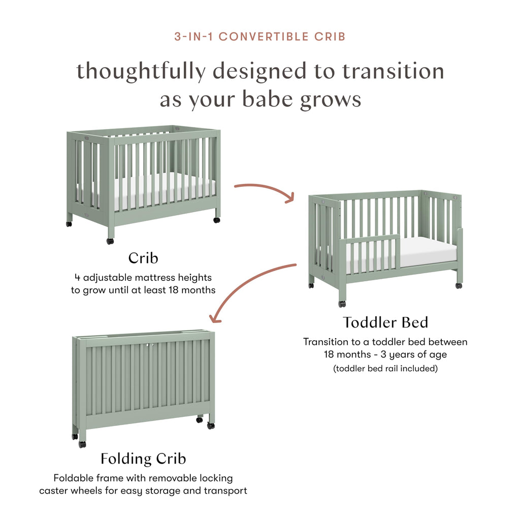 Babyletto Maki Full-Size 2-in-1 Portable Folding Crib with Toddler Bed Conversion Kit in Light Sage, Greenguard Gold Certified