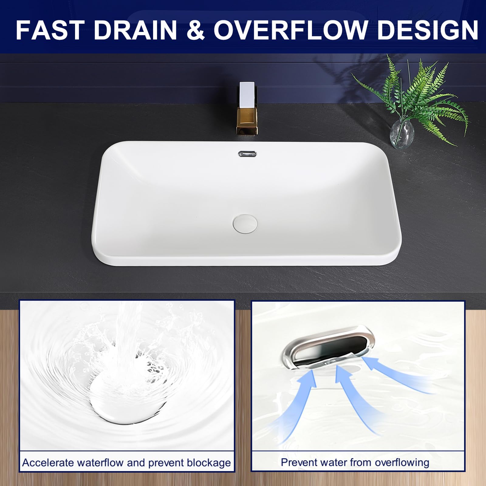 KMOEM Vessel Sink 32"x17" Semi Recessed Bathroom Sink Drop-in Bathroom Sink Support Dual Faucet Installation White Porcelain Ceramic Modern Rectangular Vanity Sinks with Overflow