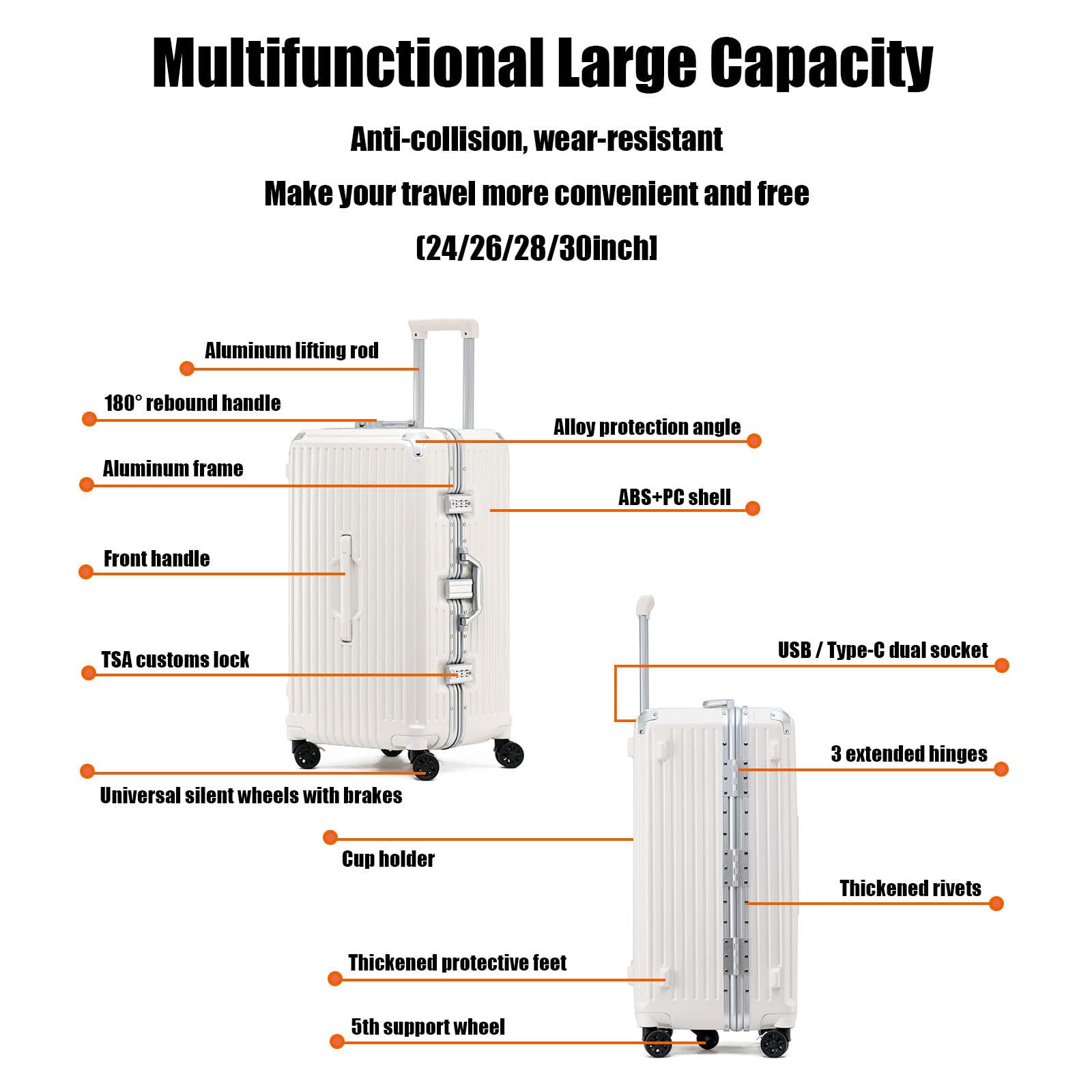 BEITH Hardside Luggage with USB, Type-C, Cup Holder, BS2298 Large Aluminum Frame Suitcase with 5 Wheels 360° Double Spinner, ABS+PC Alloy Box Shell, TSA Lock, Aluminum Lifting Rod, Durable