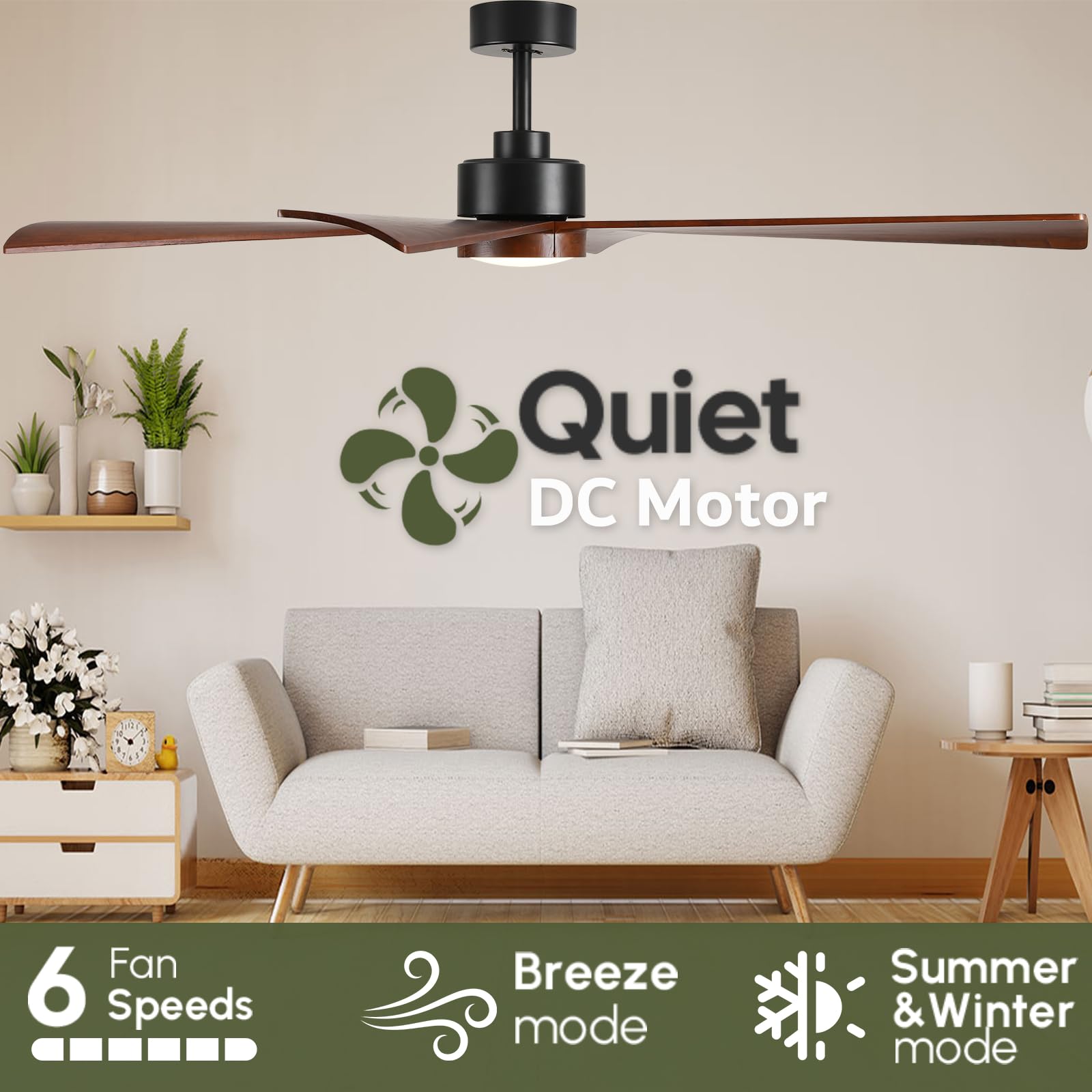 60 Inch Outdoor Smart Ceiling Fan with Light for Patio Damp Rated -High CFM Propeller 4 Wood Blades for Large Room, Rustic Farmhouse, Alexa/Tuya App/Remote Control, Quiet DC Motor, Porch, Gazebo