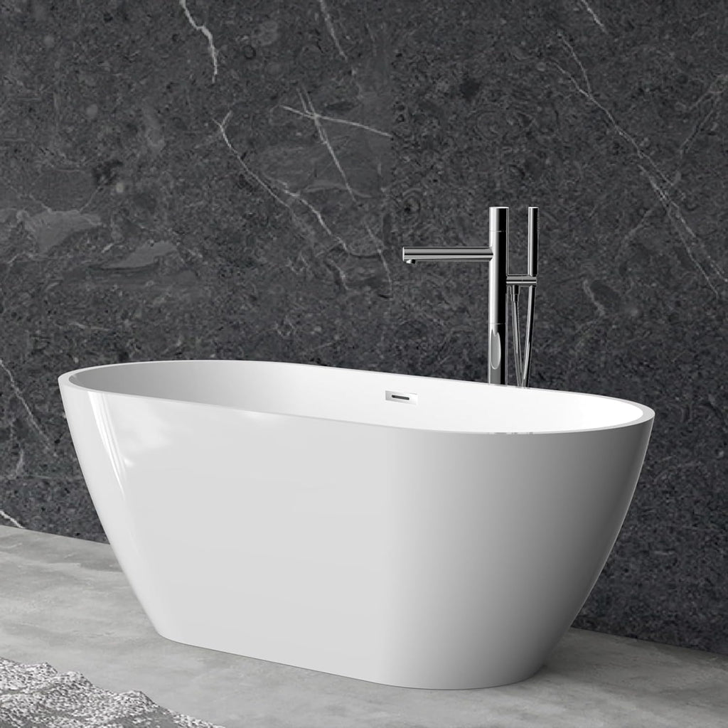59'' Acrylic Free Standing Soaking Tub, Double-Walled Insulated Freestanding Bathtub with Ergonomic Deep Design, Glossy White, Matte Drain, Black Overflow, cUPC Certified Stand Alone Tub