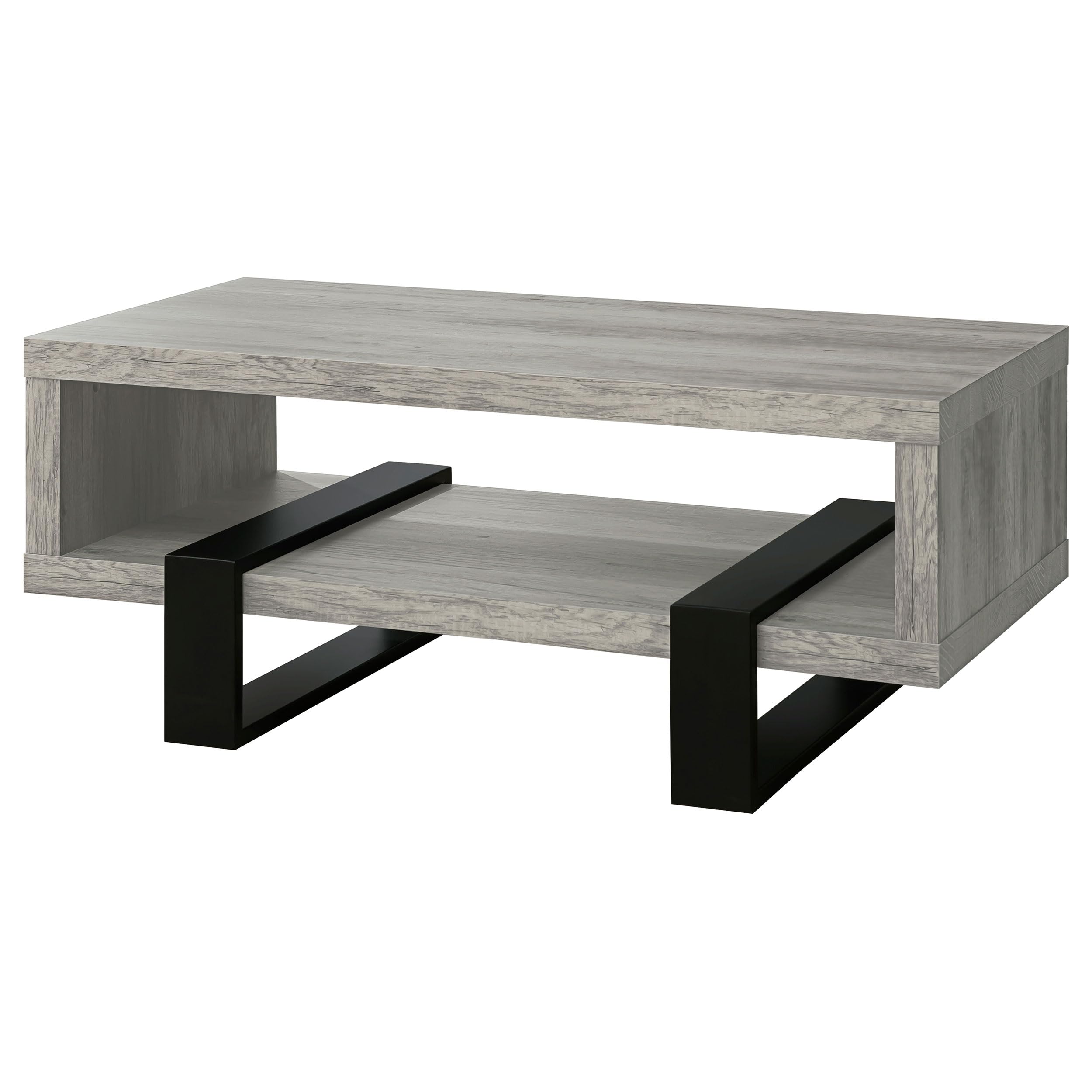 Coaster Home Furnishings - Dinard - Wood - Coffee Table with Metal Bases, Open Shelf, and Rectangular Surface - Living Room - 47-Inch - Grey Driftwood - 720878