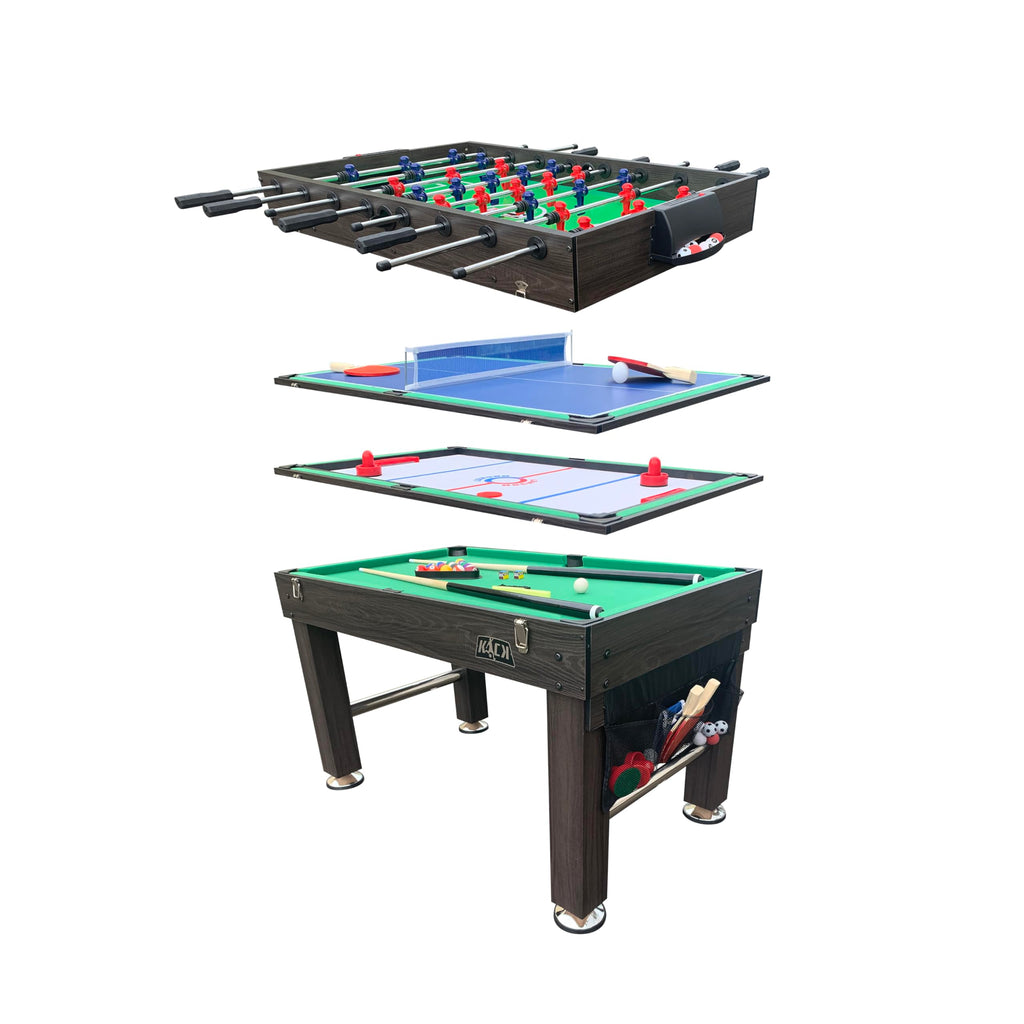 KICK Tetrad 55" 4-in-1 Multi Game Table (Brown) – Foosball, Billiards/Pool, Air Hockey & Ping Pong