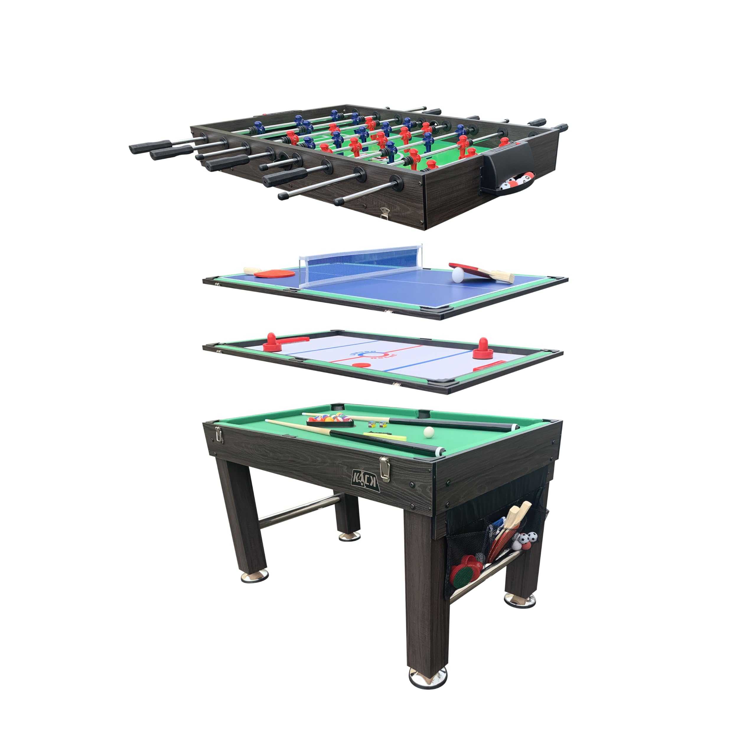 KICK Tetrad 55" 4-in-1 Multi Game Table (Brown) – Foosball, Billiards/Pool, Air Hockey & Ping Pong