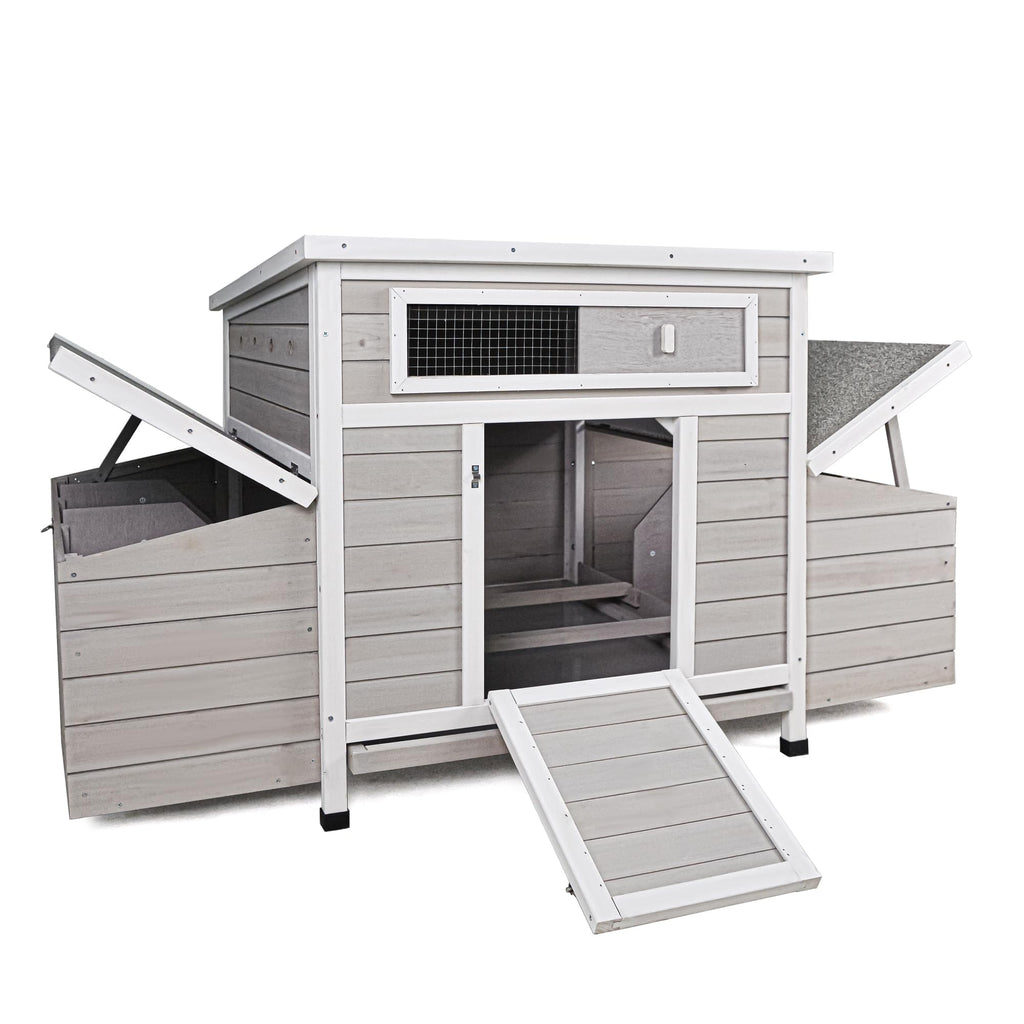 KEIKI Large Wooden Chicken Coop, Outdoor Hen House, Poultry Cage, Rabbit Hutch, Wooden Poultry Cage for Outdoor with 2 Sides Nesting Boxes, Gray+White