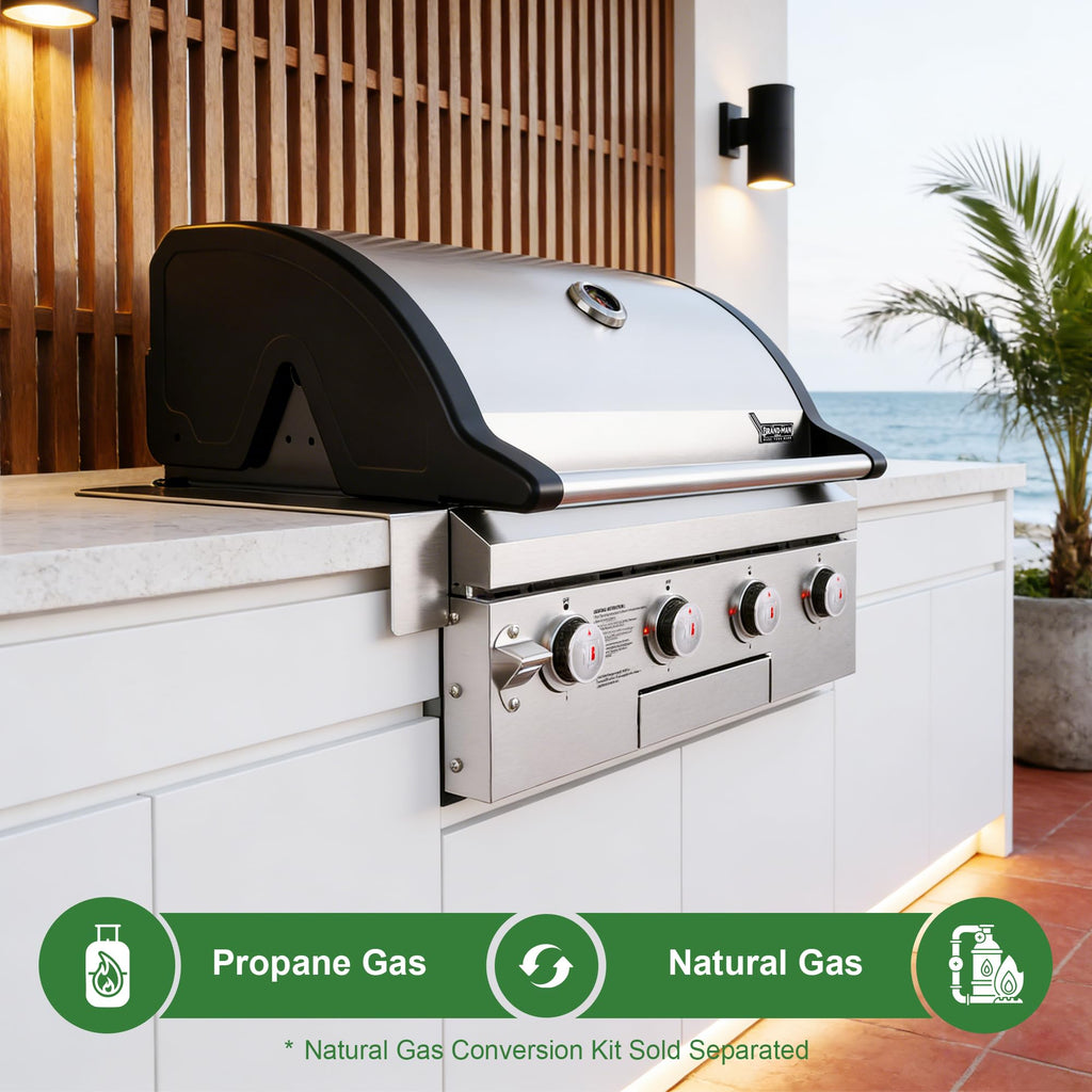Brand-Man Gas Grill Built-In Head, 30-Inch 4-Burner Propane Grill, Natural Gas Convertible, Heavy Duty 304 Stainless Steel 40,000BTUs BBQ Island Outdoor Kitchen