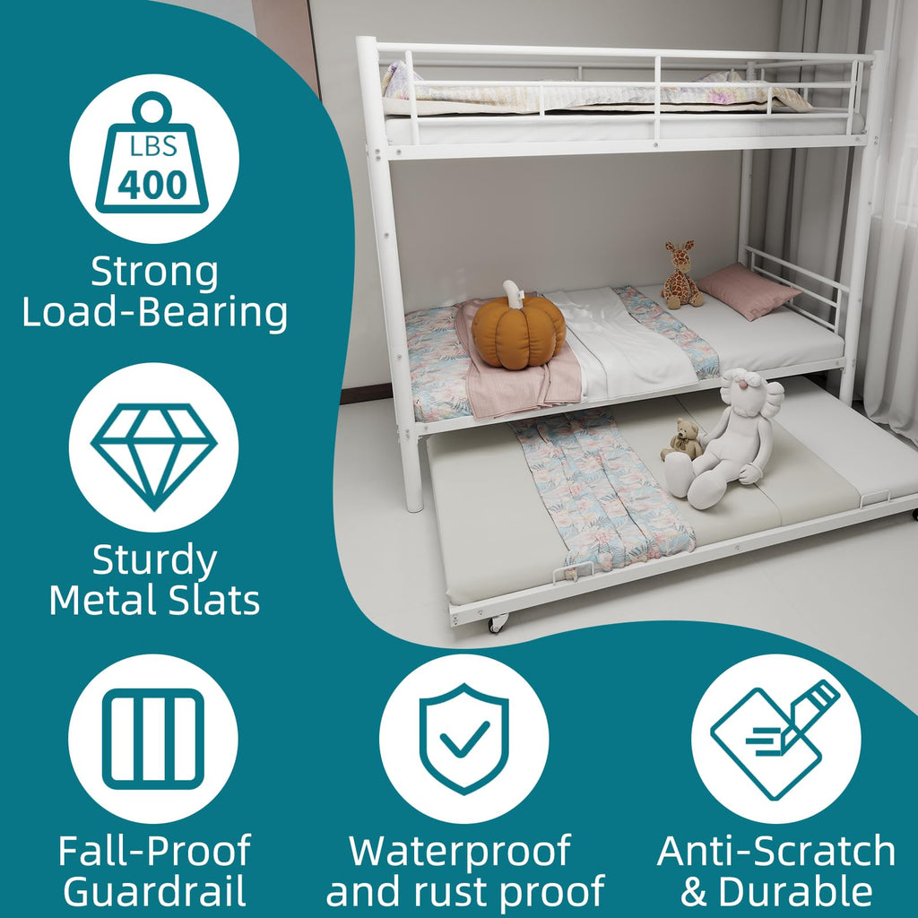 KEIKI Twin Size Triple Bunk Bed w/Trundle,Heavy Duty Metal Convertible Platform Bed Frame with Ladder & Full-Length Guardrail, for Teens, Adults, Noise Reduced, No Box Spring Needed,White